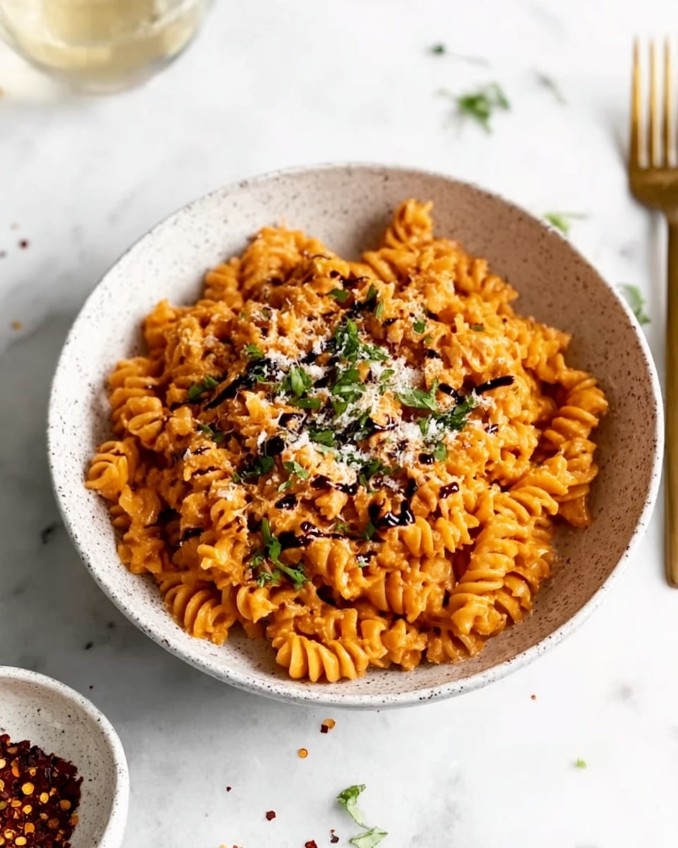 A white bowl filled with creamy orange pasta, showing spiral-shaped rotini noodles coated evenly in a smooth, thick sauce. The top layer is sprinkled with chopped fresh green herbs and a light dusting of crushed red pepper flakes. A copper spoon rests inside the bowl, partially submerged in the pasta, ready to scoop. The bowl is set on a white marbled surface. photo taken with an iphone --ar 4:5 --v 7