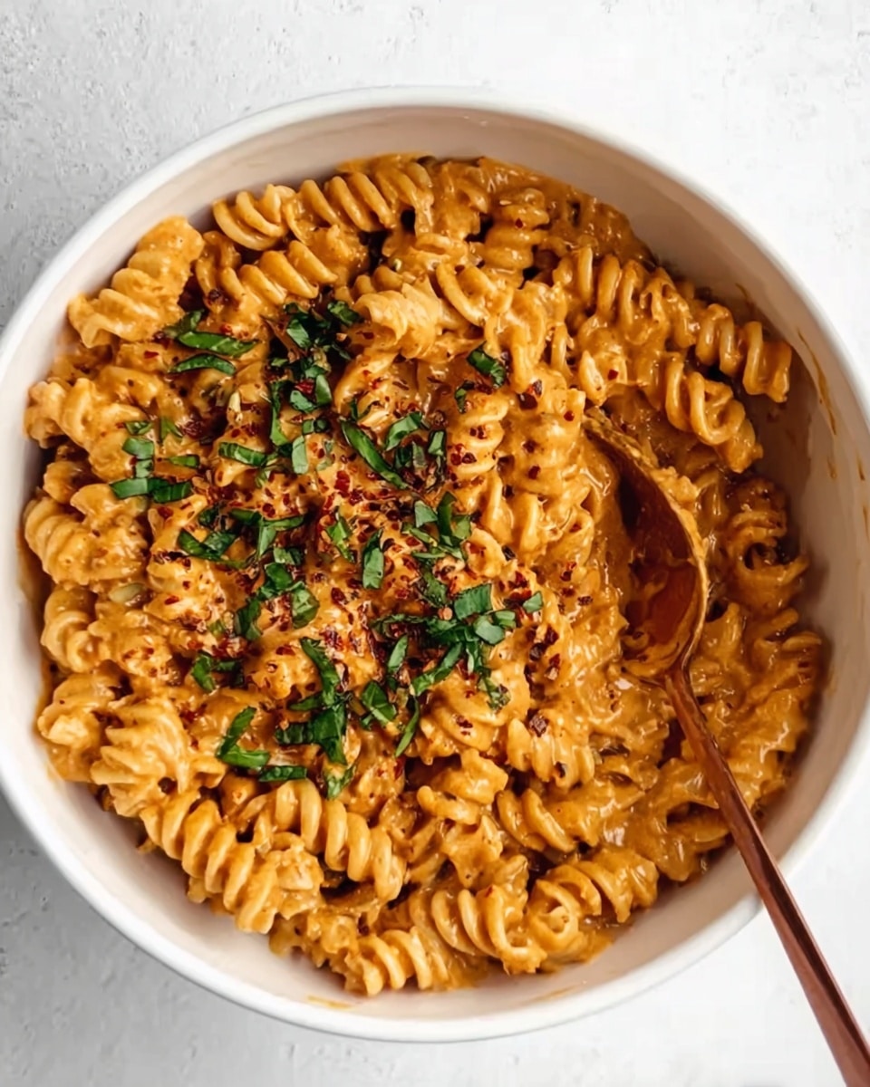 The image shows a bowl of rotini pasta coated in an orange creamy sauce, arranged in a white speckled bowl. On top, there is a sprinkle of green herbs and some finely grated white cheese that adds texture and contrast. A dark drizzle, possibly balsamic glaze, is applied lightly over the herbs and cheese, adding depth to the colors. The bowl sits on a white marbled surface with small scattered bits of greens and red pepper flakes around it. A white bowl with more red pepper flakes is partially visible in the corner, and in the background, a gold-handled fork rests near the pasta bowl. Photo taken with an iphone --ar 4:5 --v 7