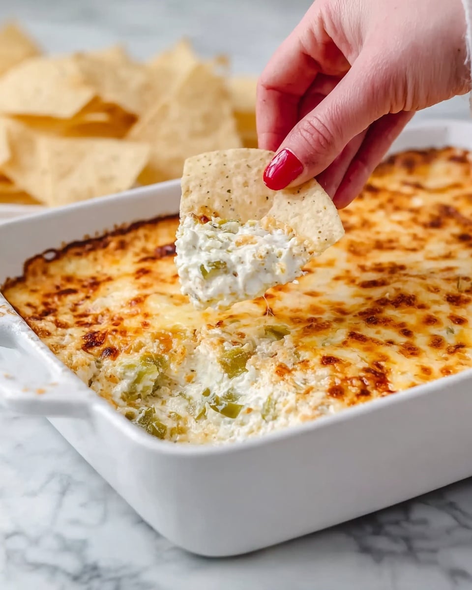 A rectangular white baking dish filled with a creamy baked dip that has a golden-brown, slightly crispy top layer with some browned spots. The dip is thick and cheesy with a smooth, soft texture underneath the crust. Three green jalapeño slices are placed on top near the corner that has been scooped out, revealing the light, creamy dip inside. A silver spoon rests inside the dish where the scoop is missing. Next to the dish, there is a bowl filled with white tortilla chips and some chips scattered around it on a white marbled surface. A jar of sliced jalapeños with liquid is placed nearby as well. Photo taken with an iphone --ar 4:5 --v 7