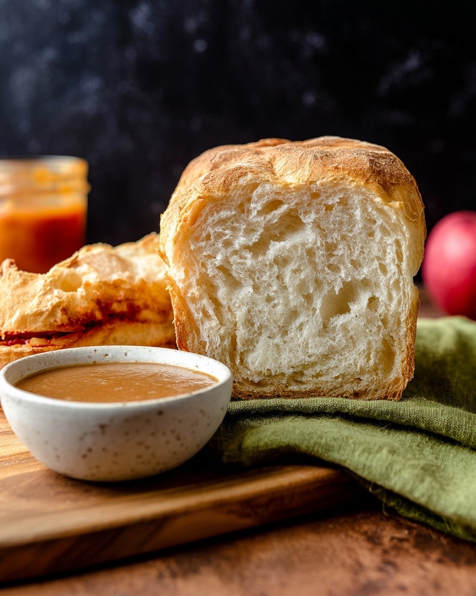 The image shows two pieces of light golden brown apple bread with a soft, airy texture, stacked on a white plate with a dark rim. The top piece has a slightly crisp edge and a rough surface from baking. A wooden spoon lies in front of the plate on a green cloth. Behind, there is a whole red and yellow apple and part of a wooden cutting board with more torn apple bread. The background is a white marbled texture. Photo taken with an iphone --ar 4:5 --v 7