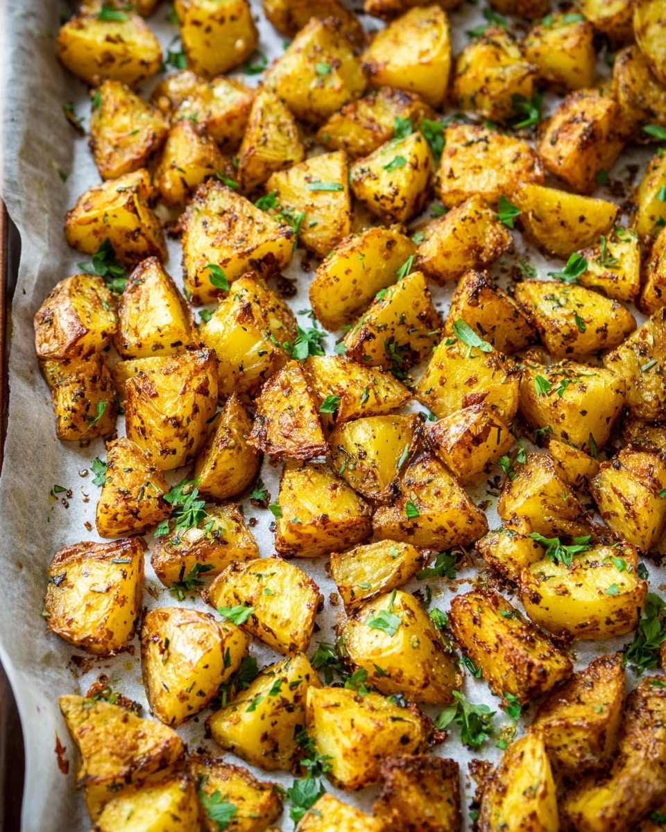 A round white bowl filled with golden-yellow roasted potato cubes, each piece showing a crispy brown edge and speckled with green herbs evenly spread across the surface. The potatoes have a rough, slightly shiny texture, with some parts darker from roasting. Small sprigs of fresh green herbs are scattered on top, adding a fresh touch. The bowl sits on a white marbled textured surface with small herb leaves scattered around. photo taken with an iphone --ar 4:5 --v 7