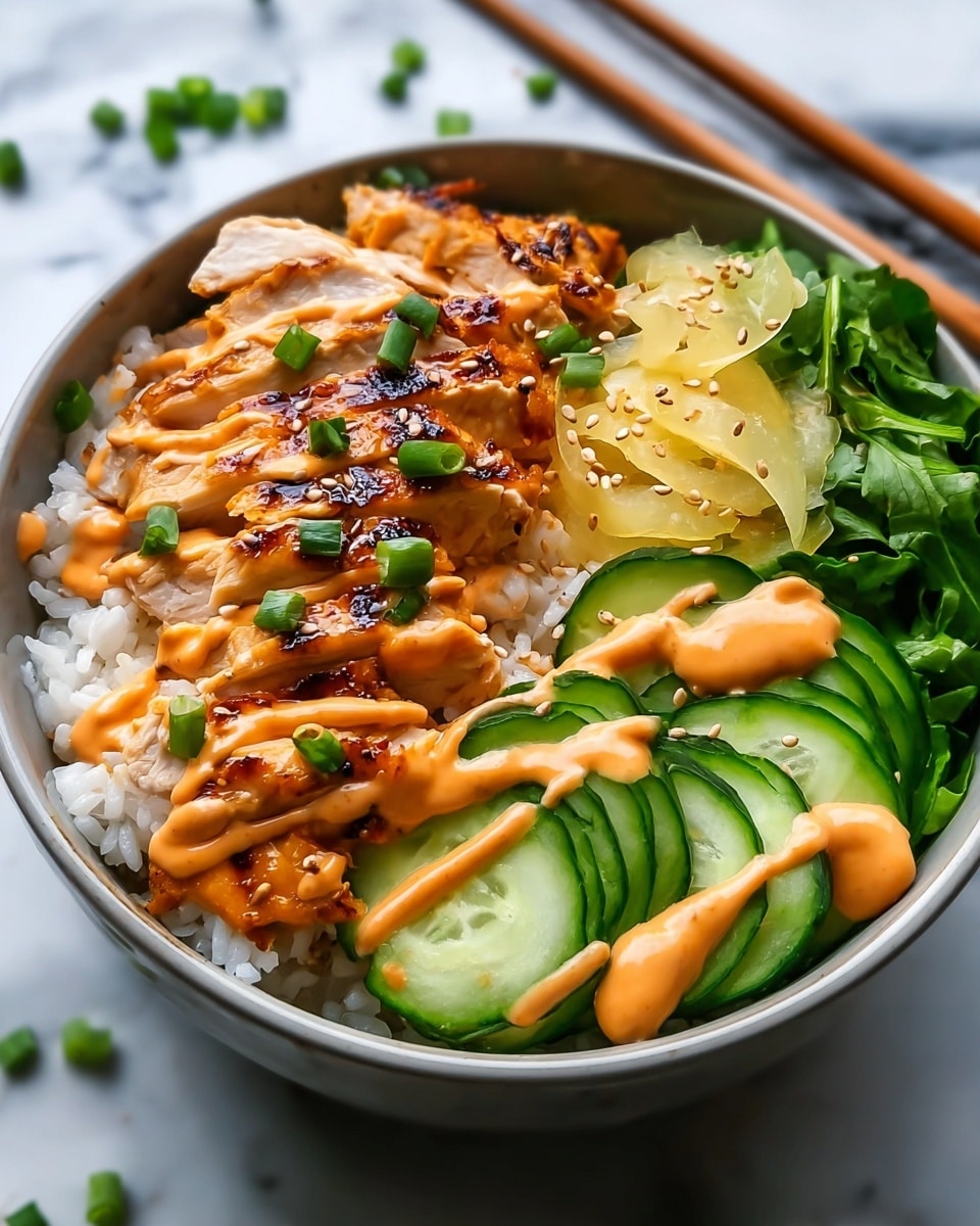 A bowl shows a base layer of white sticky rice topped with sliced grilled chicken that is golden brown with some charred edges, drizzled with a creamy orange sauce. On one side, there is a layer of thinly sliced cucumber with dark green skin and light green flesh, also drizzled with the sauce. On the other side, some fresh green leafy vegetables and light yellow pickled ginger are placed beside the chicken. Small pieces of chopped green onions and sesame seeds are scattered over the chicken and the sauce. The bowl is white inside, placed on a white marbled surface, with chopsticks seen beside it. Photo taken with an iphone --ar 4:5 --v 7