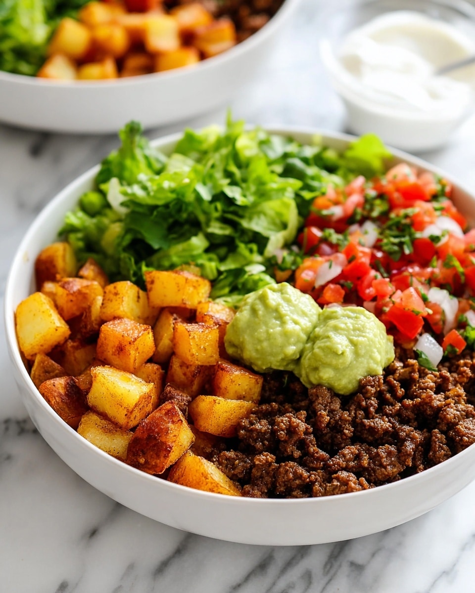 A round white bowl filled with five distinct layers arranged side by side: bright green chopped cilantro on the top left, small red tomato pieces mixed with green cilantro in the center top, diced light green avocado chunks on the top right, a brown mix of cooked ground meat with yellow potato cubes on the bottom right, and diced yellow potatoes on the bottom left topped with a dollop of creamy orange sauce. The bowl is placed on a white marbled surface. Photo taken with an iphone --ar 4:5 --v 7
