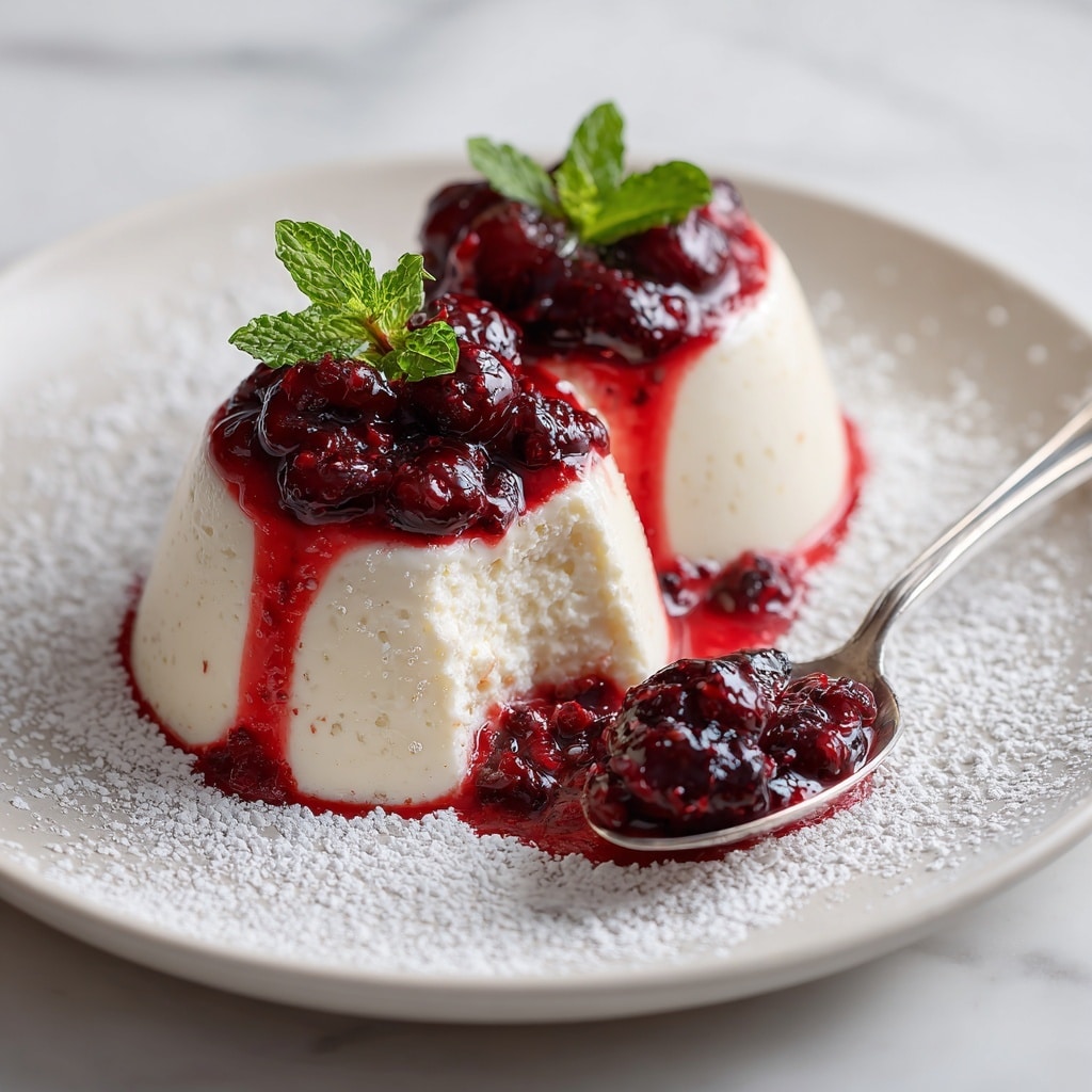 The image shows a creamy white panna cotta dessert shaped like a small dome placed in the middle of a white plate with powdered sugar sprinkled around the edges. On top of the panna cotta, there is a layer of thick, glossy red berry sauce with whole berries, some dripping down the sides. A small fresh green mint leaf garnish is placed on the sauce. A spoon with a scoop of the smooth panna cotta is positioned in front of the dessert, showing the soft texture inside. The plate sits on a white marbled surface. Photo taken with an iphone --ar 4:5 --v 7