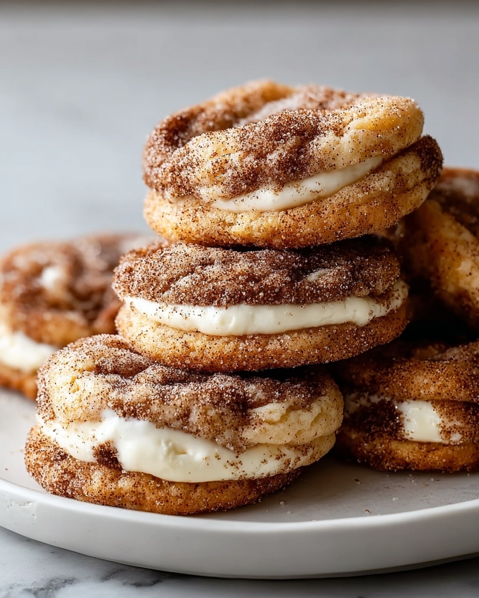 The image shows two cinnamon roll cookies stacked on a white plate with a white marbled background. The top cookie is broken in half, revealing a soft, gooey, cream cheese filling inside with a light golden and cinnamon brown swirl layer around it. Both cookies have a light brown, cake-like texture with darker cinnamon patches blended in, and they are drizzled with white icing in thin stripes across the top. In the background, more cinnamon roll cookies can be seen slightly out of focus. Photo taken with an iphone --ar 4:5 --v 7
