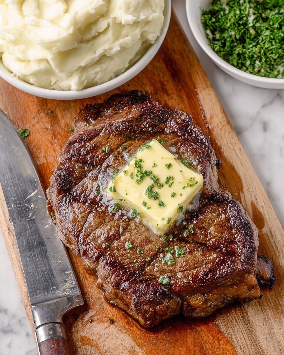 A grilled steak with a slightly charred, dark brown crust and visible grill marks rests on a wooden board. On top of the steak is a square pat of melting light yellow butter, sprinkled with small green herb bits. To the top right, there is a white bowl filled with finely chopped fresh green herbs, and above that, another white bowl holds creamy white mashed potatoes with a smooth texture. A large metal knife with a reflective blade is positioned to the left on the wooden board. The background is a white marbled texture. photo taken with an iphone --ar 4:5 --v 7