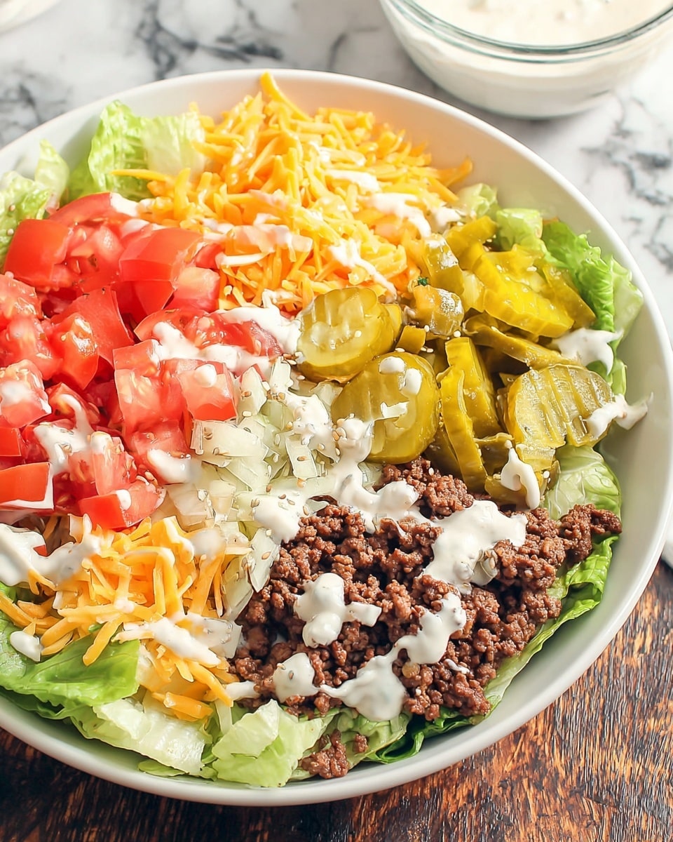 A white bowl filled with a layered salad is held by a woman's hand against a white marbled surface. The base layer consists of green leafy lettuce covering the bowl’s bottom. On top of the lettuce, sections of diced red tomatoes are placed on the right and left sides, shredded orange cheddar cheese is on the top side, and several sliced green pickles are positioned at the bottom side. The center is filled with crumbled brown ground beef. The entire salad is drizzled with a light beige creamy dressing and sprinkled with small chopped white onions and white sesame seeds. Photo taken with an iphone --ar 4:5 --v 7