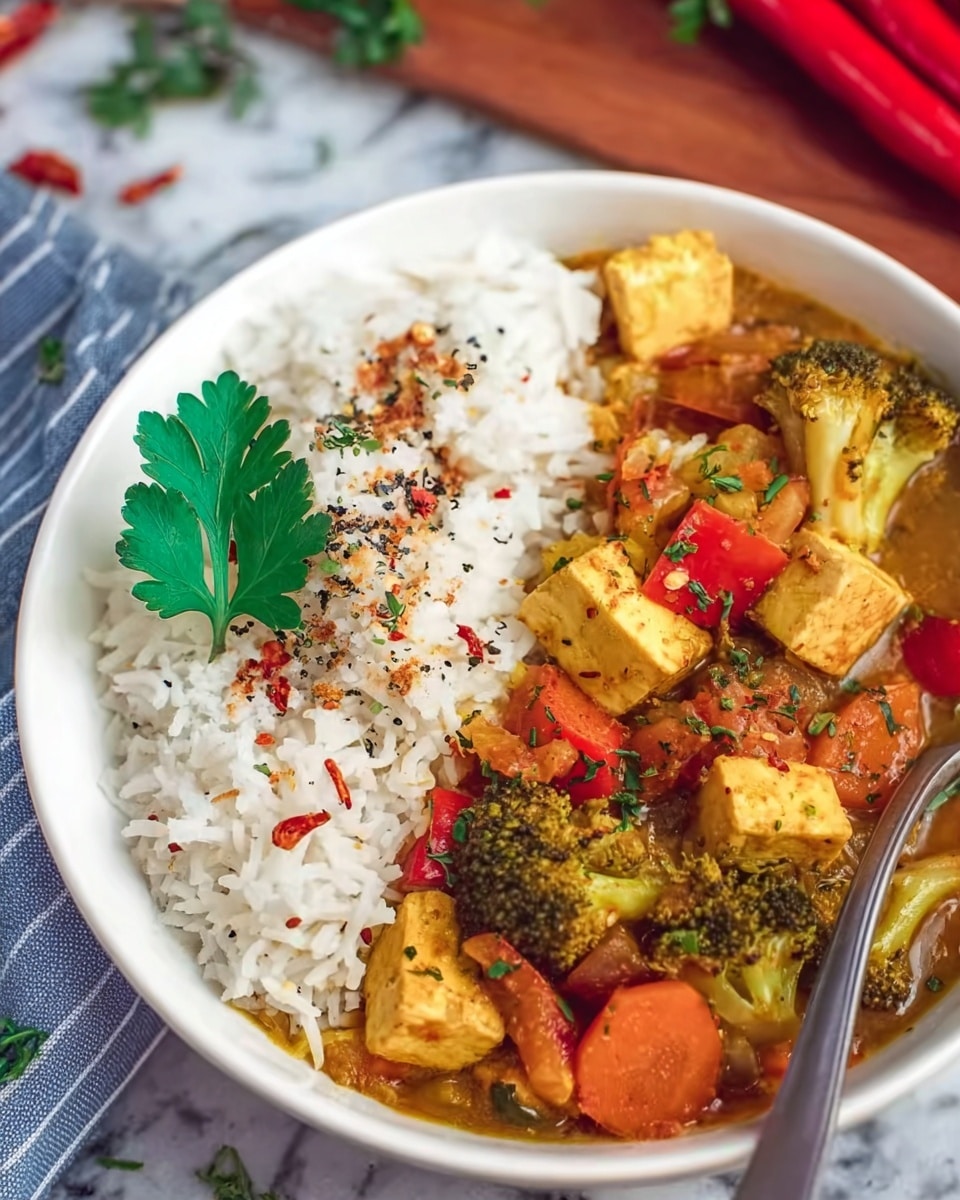 A white bowl filled with two main layers: on the left, a pile of white rice sprinkled with black pepper and red chili flakes, topped with a fresh green parsley leaf; on the right, a colorful vegetable curry with clearly visible chunks of orange carrots, green broccoli florets, red bell peppers, and golden tofu cubes all mixed in a brownish sauce. A silver spoon rests on the right edge of the bowl, partially immersed in the curry. The bowl sits on a white marbled surface with a blue and white striped napkin beside it. In the background, blurred red chili peppers and green herbs add to the warm, home-cooked feel. photo taken with an iphone --ar 4:5 --v 7