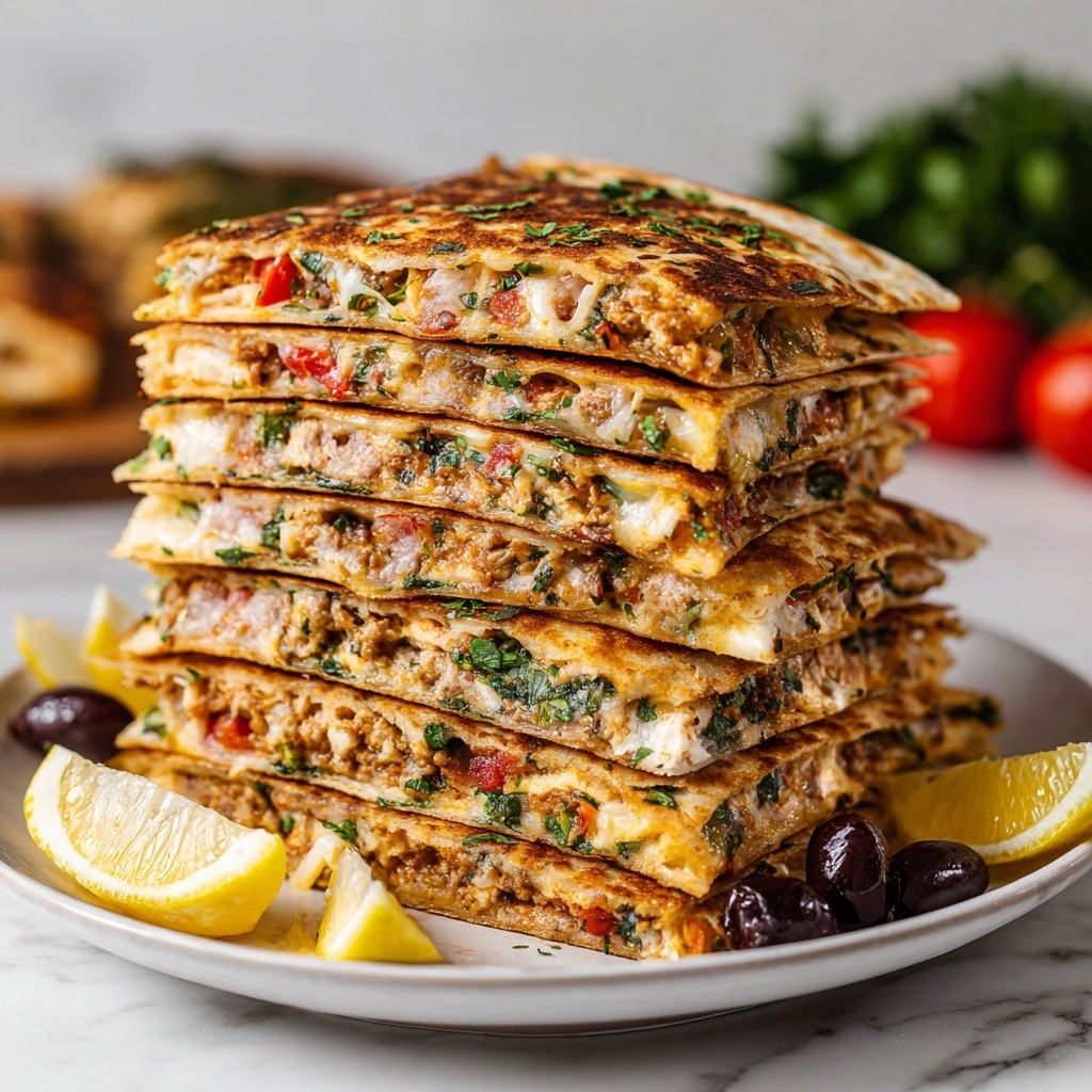 The image shows two stacked quesadilla halves on a white plate, resting on a white marbled surface. The quesadilla has three visible layers: the top and bottom layers are golden-brown, toasted tortillas with a slightly crispy texture. The middle layer is filled with finely chopped green leafy vegetables, small pieces of cooked meat, and bits of melted cheese mixed with chopped green onions and diced tomatoes, creating a colorful, fresh, and textured filling. A woman's hand is holding the top quesadilla half, slightly lifting it to reveal the detailed filling inside. Photo taken with an iphone --ar 4:5 --v 7