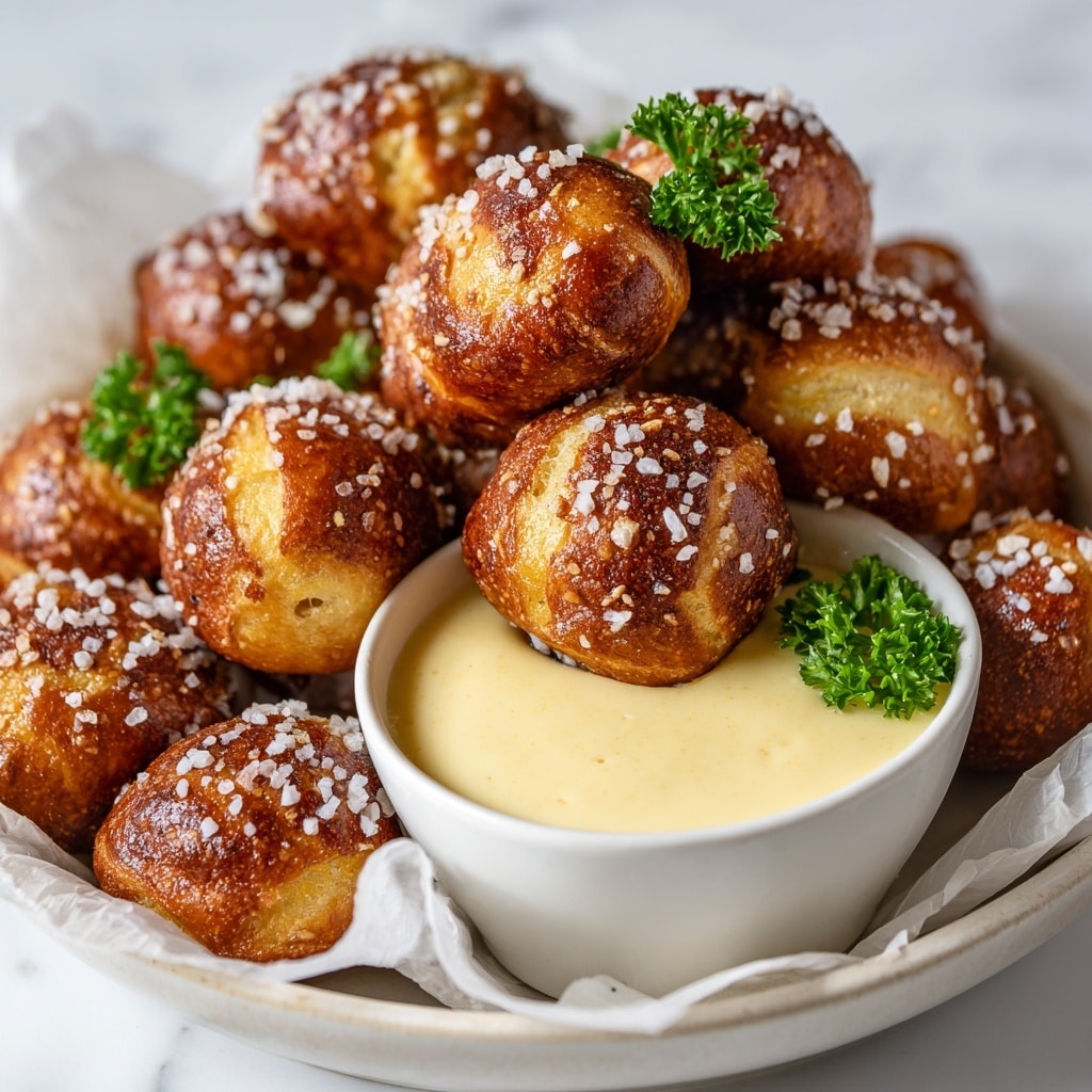 A black pan filled with many small, golden-brown pretzel bites that are sprinkled with coarse salt, showing a shiny, slightly cracked surface with light and dark brown shades. In the top left corner of the pan, there is a round white bowl containing thick, creamy cheese sauce with a light yellow color and some small bits on top. The background has a white marbled texture, and a few pretzel bites are placed outside the pan at the edges of the frame. Photo taken with an iphone --ar 4:5 --v 7