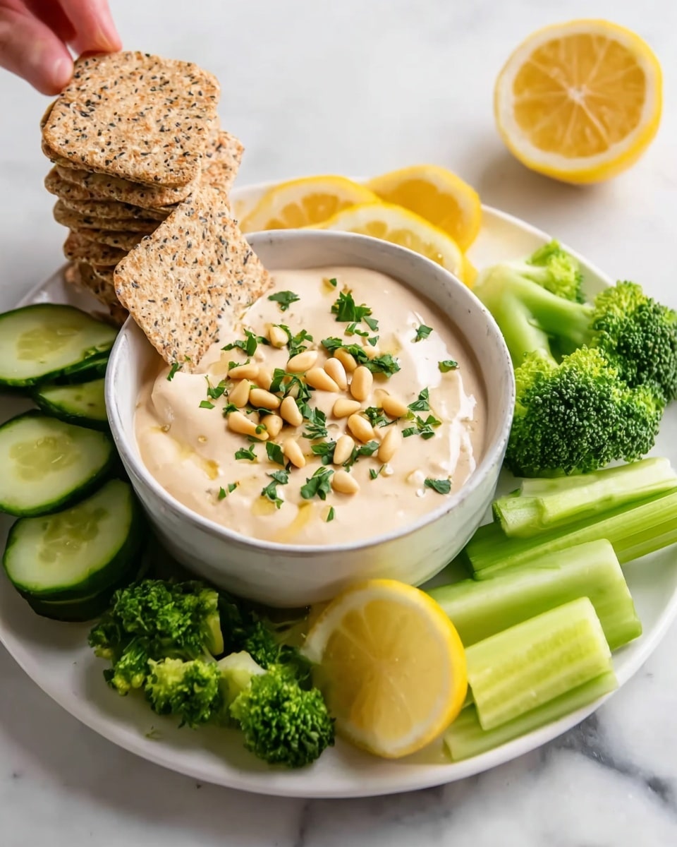A white oval plate holds a fresh veggie and cracker platter on a white marbled surface. On the plate, there are green celery sticks placed near the top right, bright green broccoli clusters filling the middle and bottom left, and slices of light green cucumber arranged along the left and bottom edges. Golden-brown hexagonal crackers with herbs are stacked in the center and top left portions of the plate. A small white bowl of creamy white dip topped with pine nuts and chopped green herbs sits near the middle left on the plate. Around the plate, there are lemon wedges with bright yellow rind and white pith, some slices of cucumber, crackers, broccoli, and sprigs of parsley scattered on the white marbled surface. The overall look is fresh and colorful with a mix of green, yellow, and light brown colors. Photo taken with an iphone --ar 4:5 --v 7