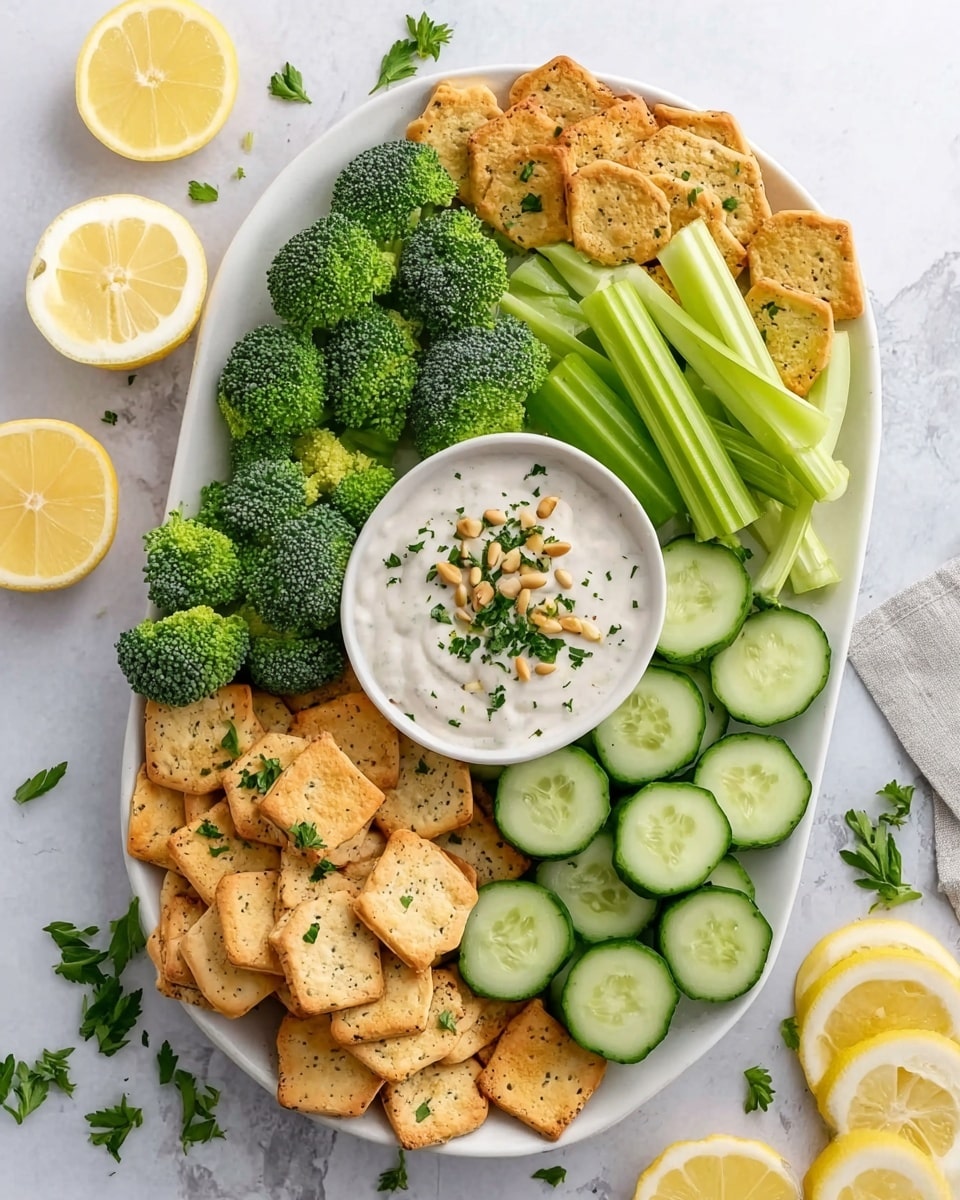 A white bowl filled with creamy, light beige dip topped with small pine nuts and chopped green herbs sits at the center of a white plate. Surrounding the bowl is a colorful arrangement of fresh vegetables including bright green cucumber slices, broccoli florets, and pale green celery sticks, along with lemon wedges for a splash of yellow. On the left side of the bowl, a stack of speckled whole grain crackers stands upright, with one cracker held by a woman's hand, partially dipped into the smooth sauce. The entire setup rests on a white marbled surface, creating a fresh and clean presentation. photo taken with an iphone --ar 4:5 --v 7