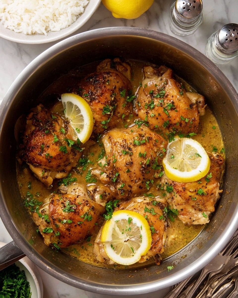 The image shows a close-up of a dish with three layers: the bottom layer is a bed of fluffy white rice with a light texture, topped by golden-brown cooked chicken pieces that have a shiny, slightly oily glaze with visible herbs and spices. On top of the chicken, there are fresh green parsley leaves scattered evenly, and thin lemon wedges placed among the chicken pieces adding a bright yellow color contrast. The dish is served in a white bowl with a smooth surface, placed on a white marbled texture background. photo taken with an iphone --ar 4:5 --v 7
