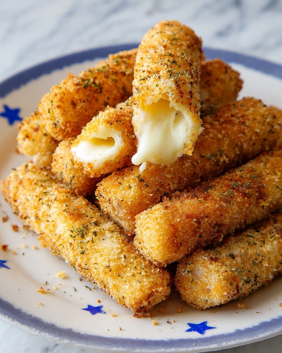 A close-up view of a woman's hand holding a single breaded cheese stick with a bite taken out on the left side of the image. The cheese stick shows a crunchy, golden-brown outer layer with some green herb specks, and a soft, melted white cheese center. Below the held stick, eight similar breaded cheese sticks are stacked in a slightly messy pile on a white plate decorated with dark blue stars along the edge. The background is a white marbled texture. photo taken with an iphone --ar 4:5 --v 7