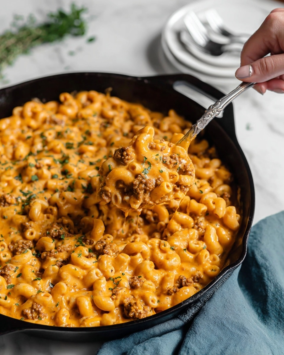 The image shows a white plate filled with a creamy macaroni dish, made of short elbow pasta covered in a smooth orange cheese sauce mixed with small bits of meat. The pasta is garnished with chopped green herbs sprinkled evenly on top. A silver fork rests on the left edge of the plate, which is placed on a folded blue cloth with white stripes and frayed edges, lying on a white marbled surface. In the background, more servings of the same dish are visible in a white bowl and another white plate, with small green herb sprigs scattered around for decoration. Photo taken with an iphone --ar 4:5 --v 7