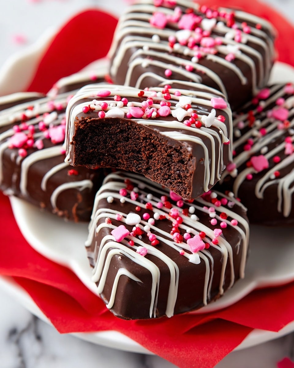 The image shows several heart-shaped chocolate-covered treats arranged on a white plate with a red scalloped edge, placed on a white marbled surface. Each treat has a smooth, dark chocolate outer layer with white chocolate drizzled in thin, even lines across the top. Colorful round sprinkles in red, pink, and white are scattered on top of the white drizzle. One treat is cut open, revealing a dense, dark chocolate interior with a slightly crumbly texture. The treats are stacked close together, giving a festive and rich look. Photo taken with an iphone --ar 4:5 --v 7