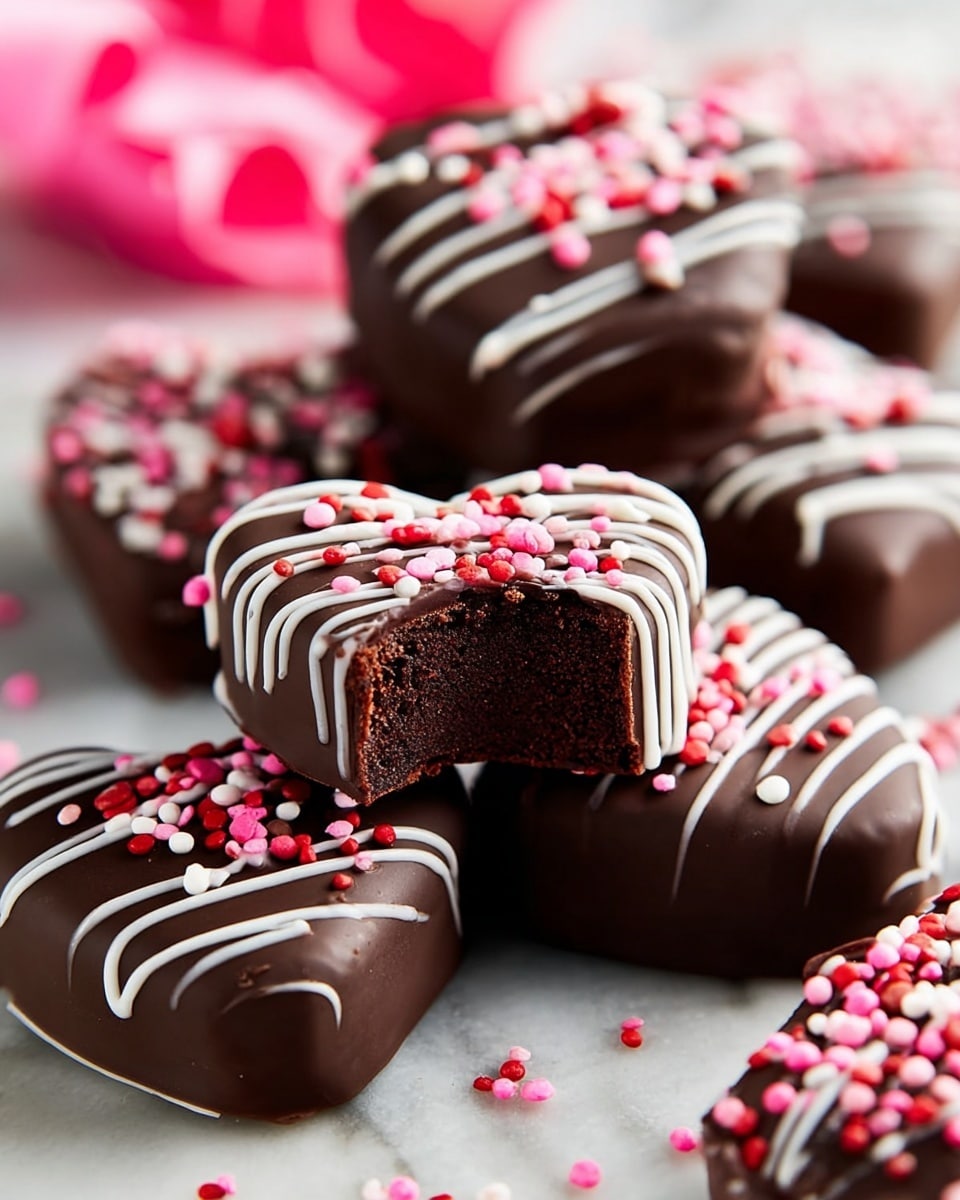 A close-up image of several chocolate-covered treats with a shiny, dark brown outer layer. Each treat is decorated with thin white icing lines running diagonally across the top and sprinkled with small round sprinkles in red, pink, and white colors. One treat is heart-shaped, prominently placed in the center, while others are round or square. One round treat has a bite taken out, revealing a dense, dark chocolate cake inside. These treats rest on a white marbled surface scattered with more red, pink, and white sprinkles. In the background, blurred pink and white elements add to the festive look. photo taken with an iphone --ar 4:5 --v 7