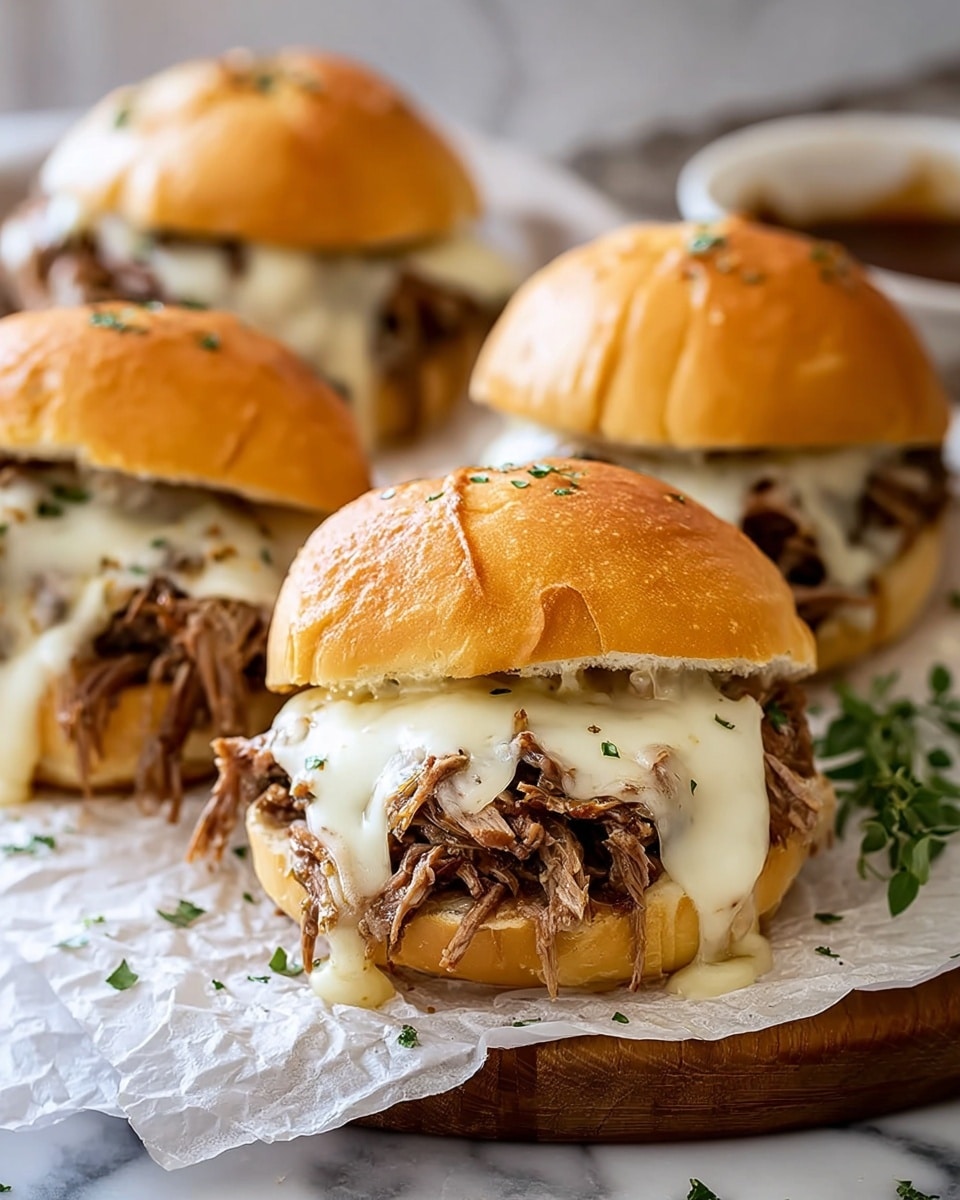 The image shows four pulled beef sandwiches on soft golden-brown buns sprinkled with small green herbs on top. Each sandwich has one layer of tender brown pulled beef that looks juicy and stringy, topped with melted white cheese that gently drapes over the meat with some melted cheese dripping down. The sandwiches rest on crinkled white paper placed on a wooden board with a sprig of green herb next to it. The background is soft and blurred with a white marbled texture, highlighting the sandwiches in the front. Photo taken with an iphone --ar 4:5 --v 7