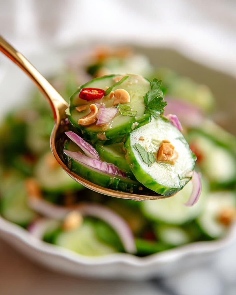 A white wide shallow bowl filled with multiple layers of thinly sliced green cucumber rounds making up the main layer. Scattered thin purple onion slices add contrast between the cucumber layers. Small pieces of crushed light brown peanuts are sprinkled over the cucumbers and onions. Tiny bright red chili slices are scattered on top with fresh green cilantro leaves placed mostly around the outer edge and mixed inside. Finely chopped green herbs are sprinkled all over the dish, all sitting on a white marbled surface with a wooden spoon partially visible on the right side. photo taken with an iphone --ar 4:5 --v 7