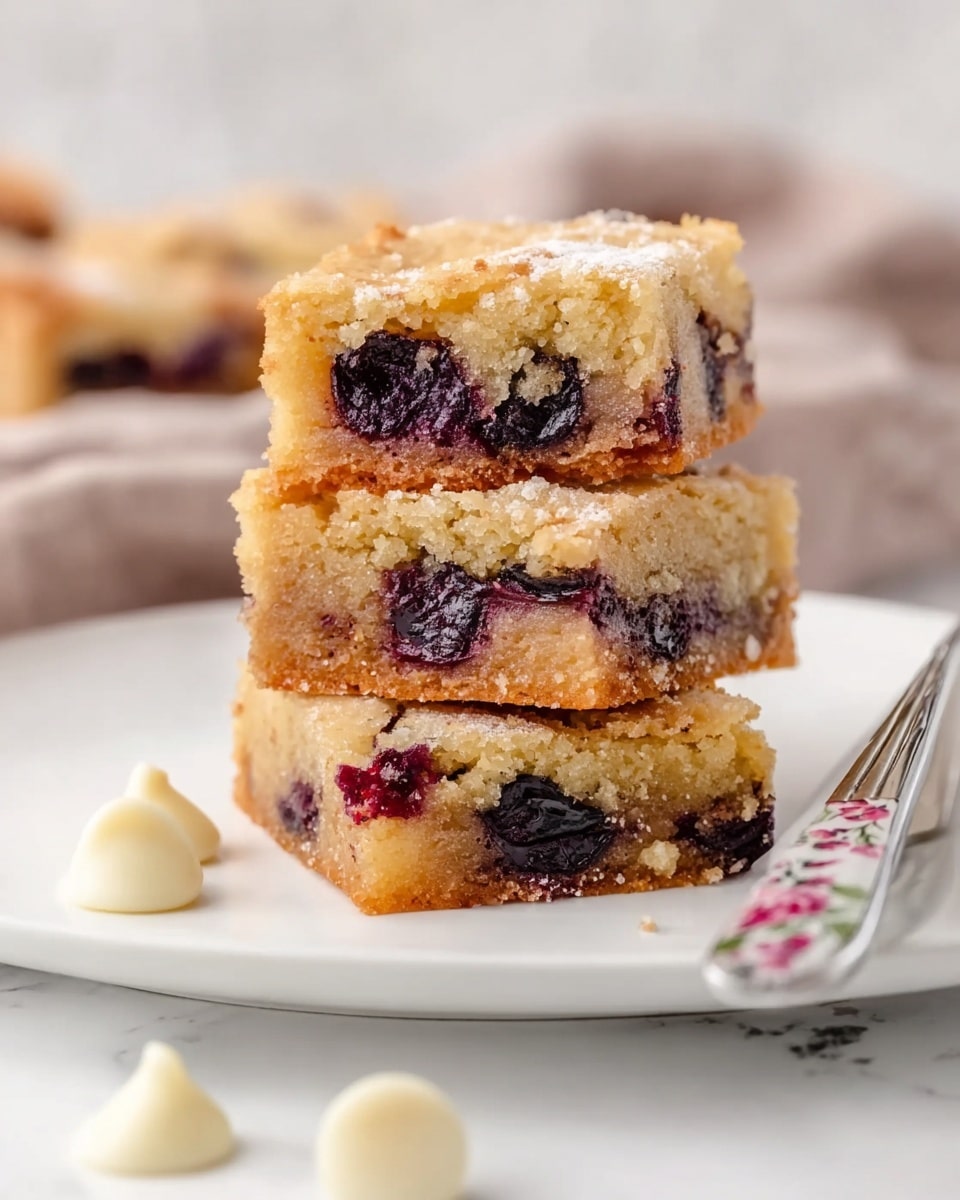 A stack of three thick squares of berry blondies sits in the center of a white plate on a white marbled surface. Each blondie is golden brown on top with a slightly crisp texture, and the inside is light yellow with visible juicy dark purple berries scattered throughout the layers. The bottom blondie shows a crumbly edge, the middle one has berries embedded near the center, and the top piece has a slightly cracked top crust, showing moist texture beneath. A silver fork with a floral pattern lies next to the plate and there are three white chocolate chips placed near the stack on the plate. The background is softly blurred with a warm, cozy feel. Photo taken with an iphone --ar 4:5 --v 7