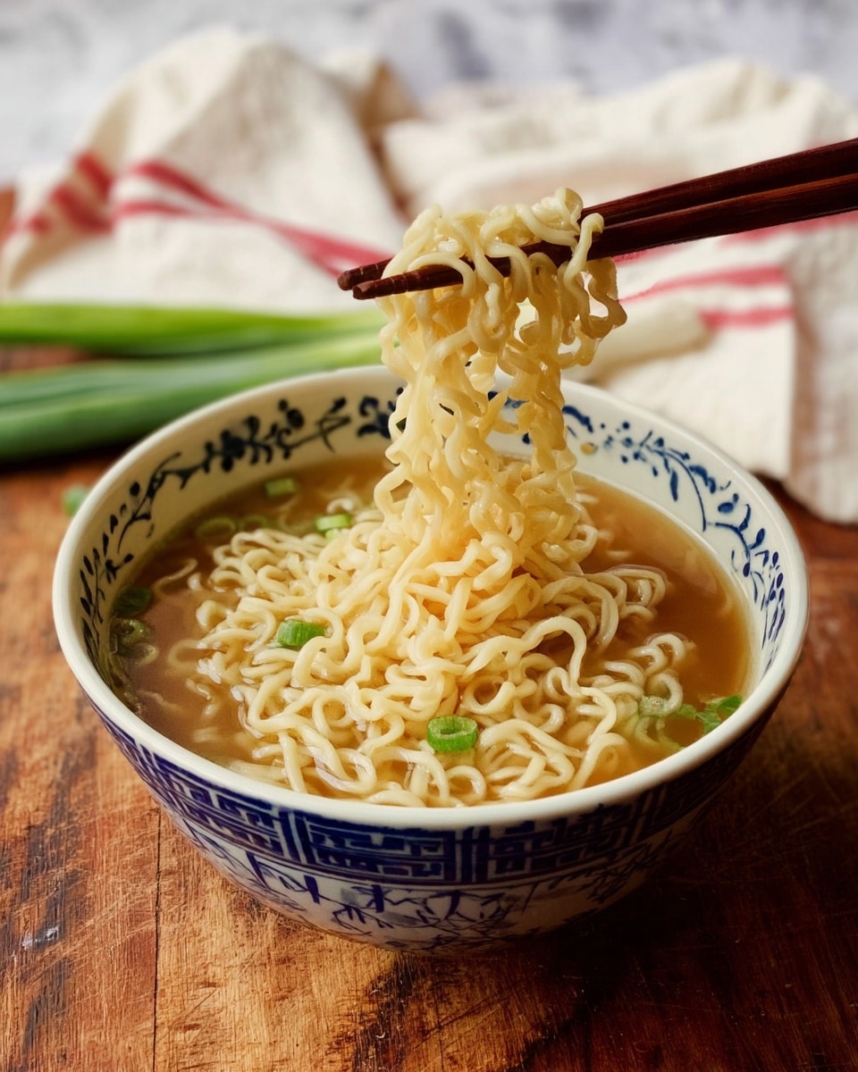 A bowl with blue patterns on the outside filled with light brown broth and pale yellow curly noodles is shown. The noodles are lifted by a pair of brown chopsticks above the bowl, with some strands hanging down. Small bits of green onions float in the broth, adding green touches throughout. The bowl sits on a warm wooden surface with a white marbled texture background. Two green onions and a white cloth with red stripes are softly blurred in the background. Photo taken with an iphone --ar 4:5 --v 7