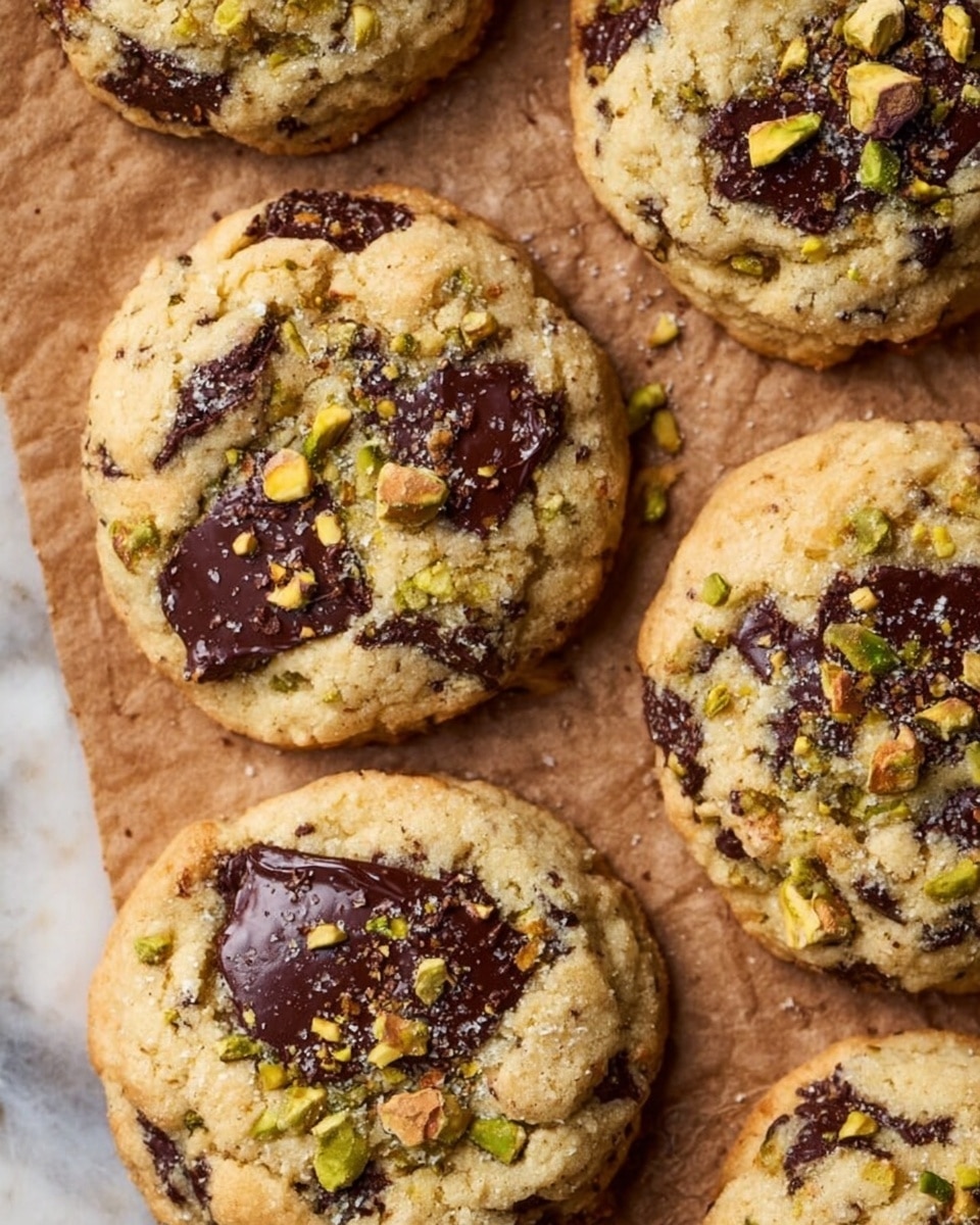 The image shows a close-up of several golden-brown chocolate chip cookies with a slightly rough texture. Each cookie is topped with chunks of dark melted chocolate and sprinkled with small pieces of green pistachios and coarse sea salt. One cookie in the center has a bite taken out of it, revealing a soft, chewy interior with gooey melted chocolate. The cookies are placed on a white marbled surface with some pistachio crumbs scattered around. Photo taken with an iphone --ar 4:5 --v 7