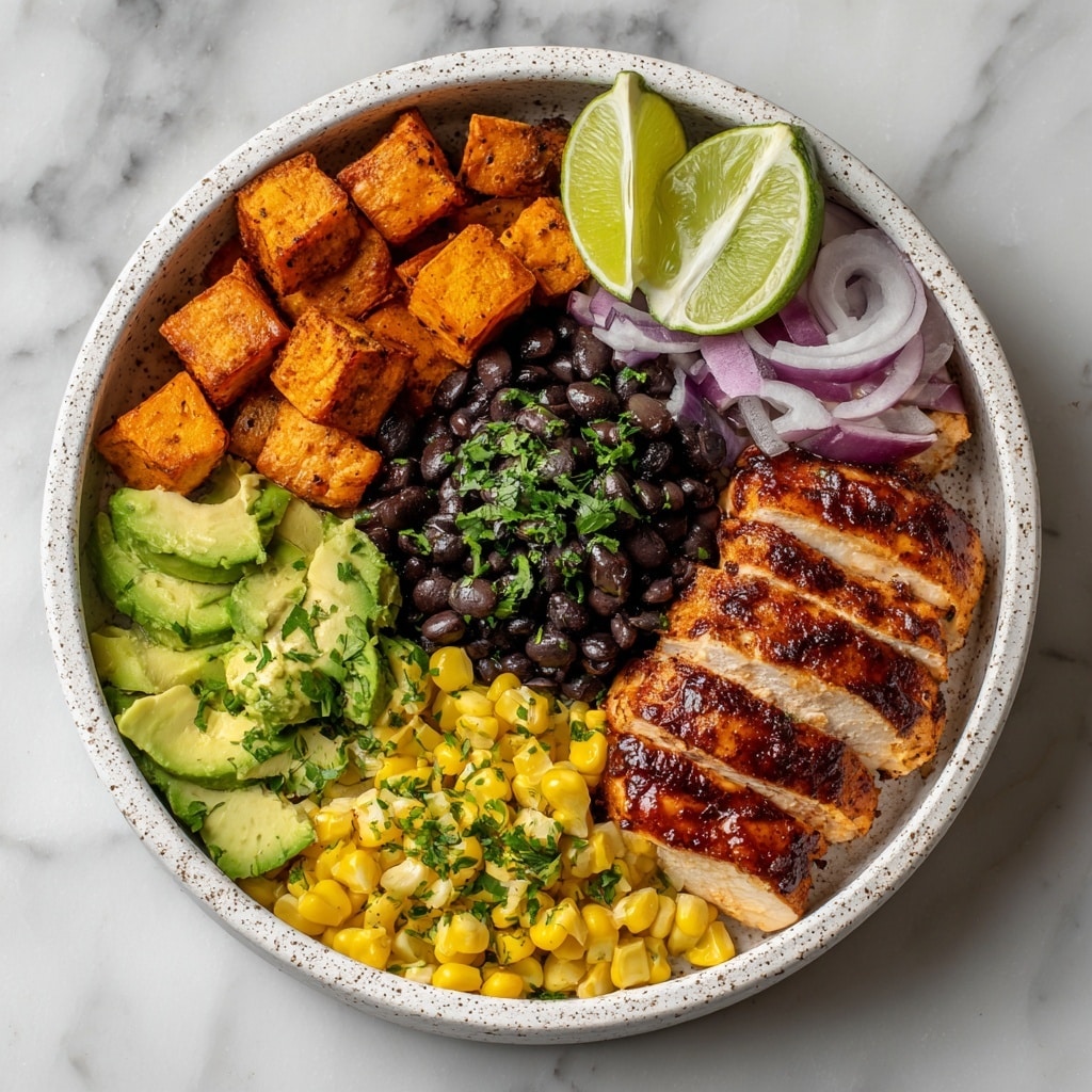 A white speckled bowl filled with six sections of food starts with roasted orange sweet potato cubes on the upper left, next to dark black beans with green herbs sprinkled on top at the upper center. In the middle, there is a small pile of sliced red onions with a fresh texture. Two lime wedges rest on top at the upper right. Below, there are five thick slices of grilled chicken breast covered with a dark reddish-brown sauce. The bottom left contains light green diced avocado pieces beside bright yellow cooked corn kernels, both lightly garnished with green herbs. The bowl sits on a white marbled surface. Photo taken with an iphone --ar 4:5 --v 7