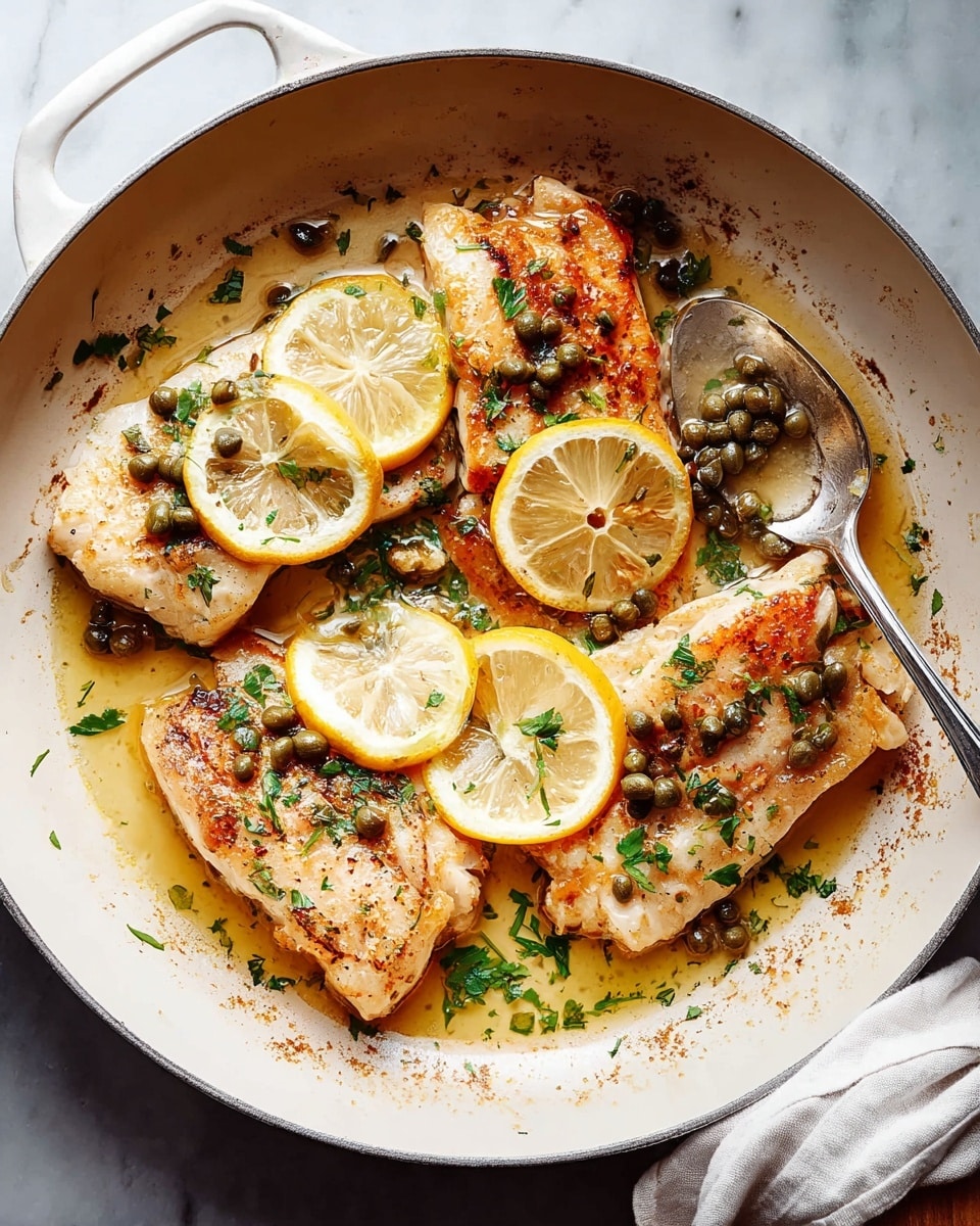 A white speckled plate holds a cooked fish fillet with a light golden-brown crust on top. The fish is covered with small green capers and light green herb sauce with thin slices of garlic. To the right of the fish is a slice of yellow lemon topped with more sauce and capers. On the left side of the plate is a fresh green sprig of parsley. A silver fork rests next to the lemon slice on the plate. The plate is set on a white marbled surface with a striped white and black cloth napkin nearby. photo taken with an iphone --ar 4:5 --v 7