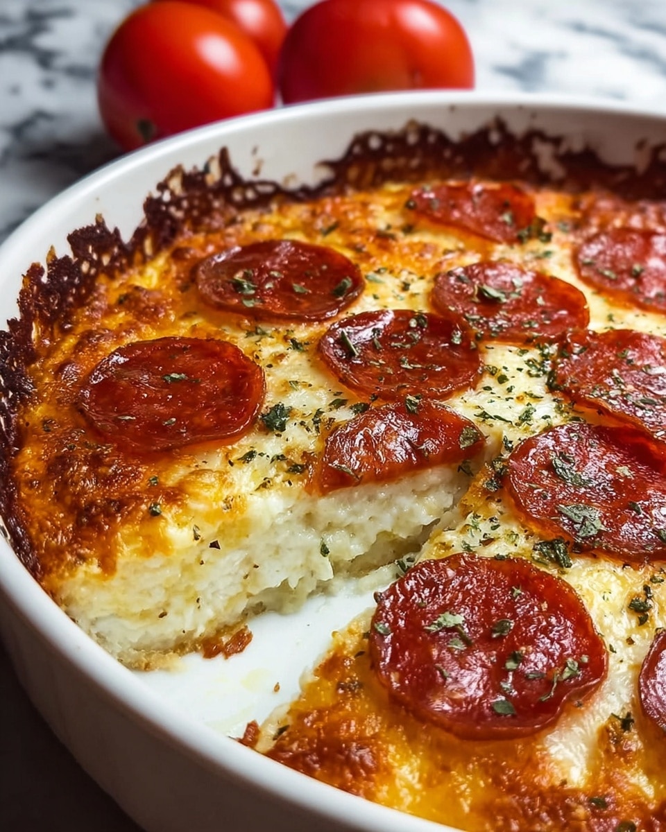 A close-up of a baked dish in a round white baking dish with a crispy, browned edge. The top layer shows melted golden cheese with a bubbly texture, scattered with round slices of pepperoni that have a rich red color and slightly curled edges. Small green herb flakes are sprinkled over the surface. One slice has been cut and slightly lifted, revealing several thick layers of a creamy, slightly textured white interior beneath the cheese and pepperoni. The dish rests on a white marbled textured surface, with two whole red tomatoes visible in the blurred background. Photo taken with an iphone --ar 4:5 --v 7