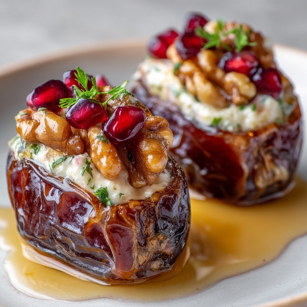 Four stuffed dried dates sit on a white plate with a white marbled texture underneath. Each date is dark brown and glossy, standing upright, filled with a white creamy mixture speckled with green herbs. On top of the filling, there are shiny brown walnuts and small, bright red pomegranate seeds, accented with small green herb sprigs. A golden syrup surrounds the base of each date, pooling slightly on the plate, adding a glossy texture. Photo taken with an iphone --ar 4:5 --v 7