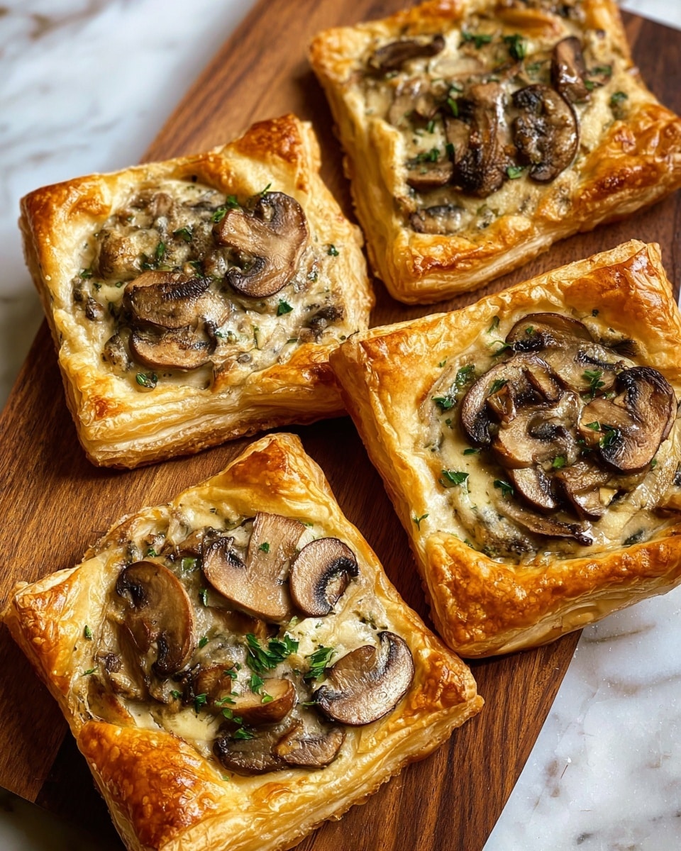 The image shows five square-shaped pastries with golden-brown, flaky crusts that are slightly puffed up at the edges. Each pastry has a creamy, light brown mushroom filling topped with sliced mushrooms and some green herbs scattered on top. The mushrooms are browned and cooked, giving a soft texture. The pastries are placed close together on a wooden board, which rests on a white marbled surface. The overall look is warm and inviting, with a mix of smooth creamy filling and crisp crust textures. photo taken with an iphone --ar 4:5 --v 7