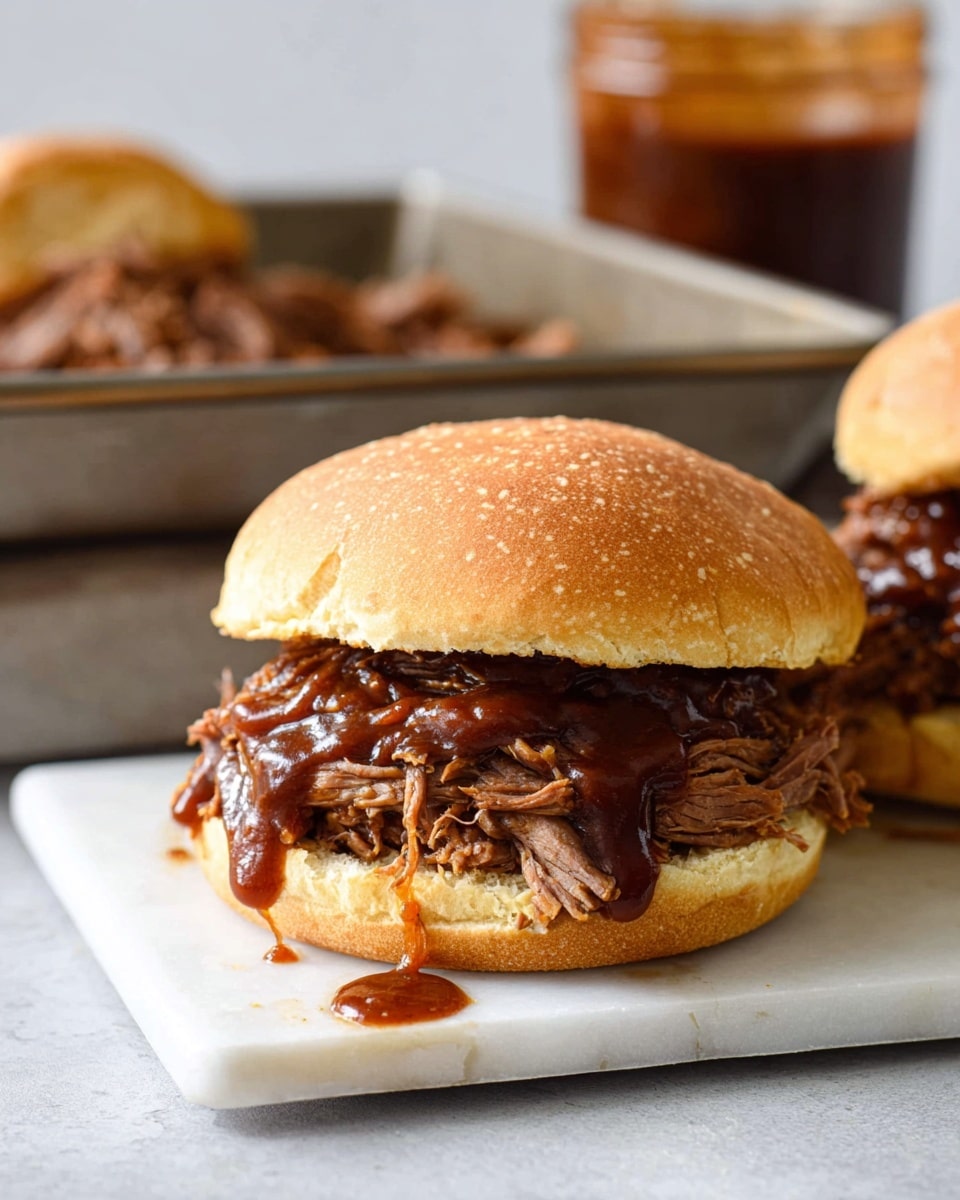 A long oval white plate holds several thick slices of dark brown, tender beef brisket with a slightly charred crust. The meat is covered and surrounded by a shiny, deep red-brown sauce with visible bits of spices and herbs. The sauce looks rich and sticky, pooling at the bottom of the plate. The plate sits on a white marbled surface, creating a clean and bright background. photo taken with an iphone --ar 4:5 --v 7