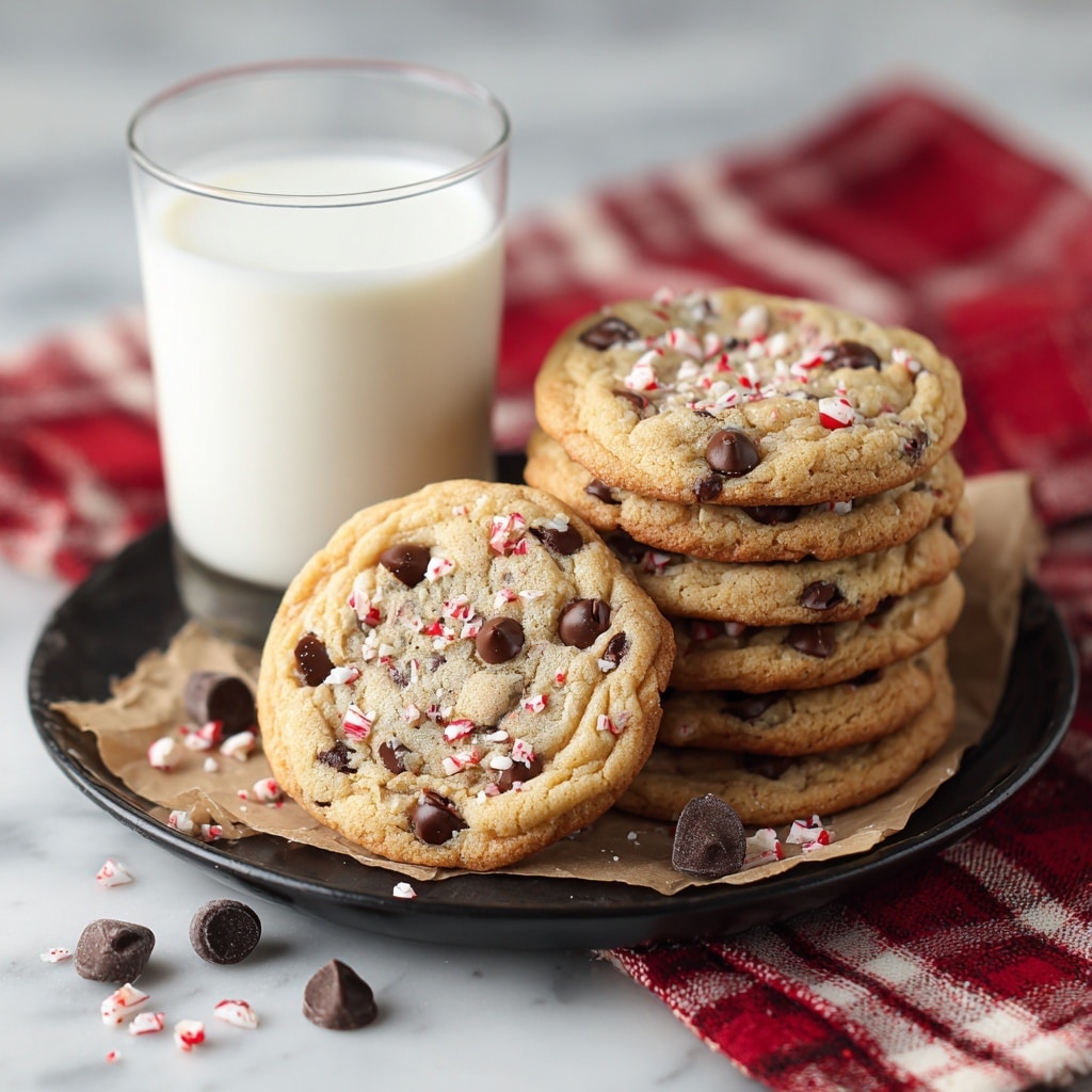 A black plate is lined with crumpled brown parchment paper, holding a stack of six round cookies. Each cookie is light golden brown with visible dark chocolate chips and tiny red and white peppermint bits scattered throughout the chewy texture. Next to the cookies is a clear glass filled almost to the top with white milk. Loose pieces of peppermint candy and some chocolate chips are scattered on the white marbled surface around the plate, with a red and white checked cloth nearby. photo taken with an iphone --ar 4:5 --v 7