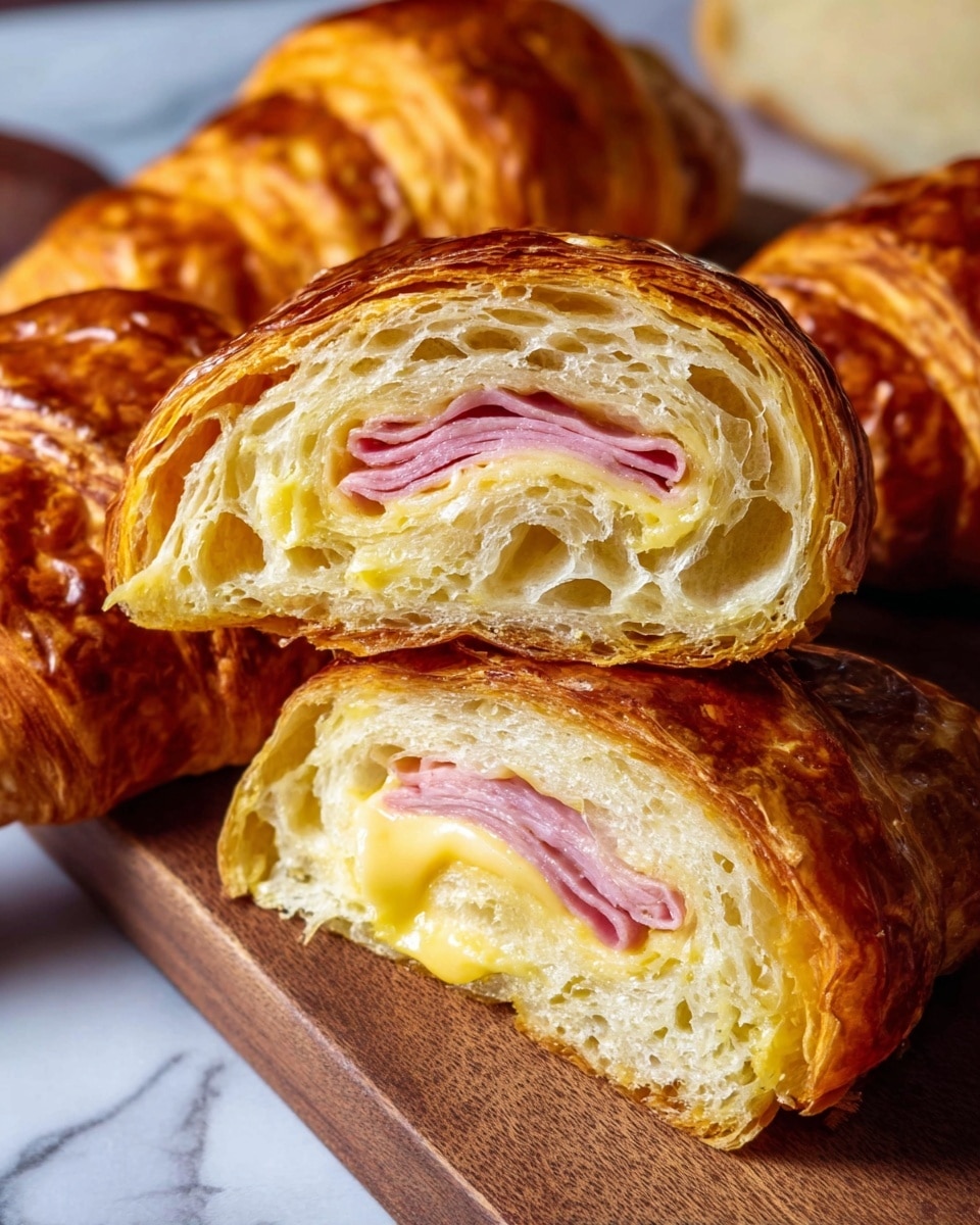 A close-up of a croissant cut in half showing three visible layers: the outer golden brown flaky crust with a glossy finish, a middle layer of light, airy, and pale yellow pastry with many small holes inside, and the inner layers consisting of thin slices of pink ham and melted pale yellow cheese rolled tightly within the croissant. Around the cut croissant are whole croissants with the same shiny, deep golden brown crust, placed on a wooden board over a white marbled texture. The texture details are clear, highlighting the soft croissant interior and shiny outer crust. Photo taken with an iphone --ar 4:5 --v 7