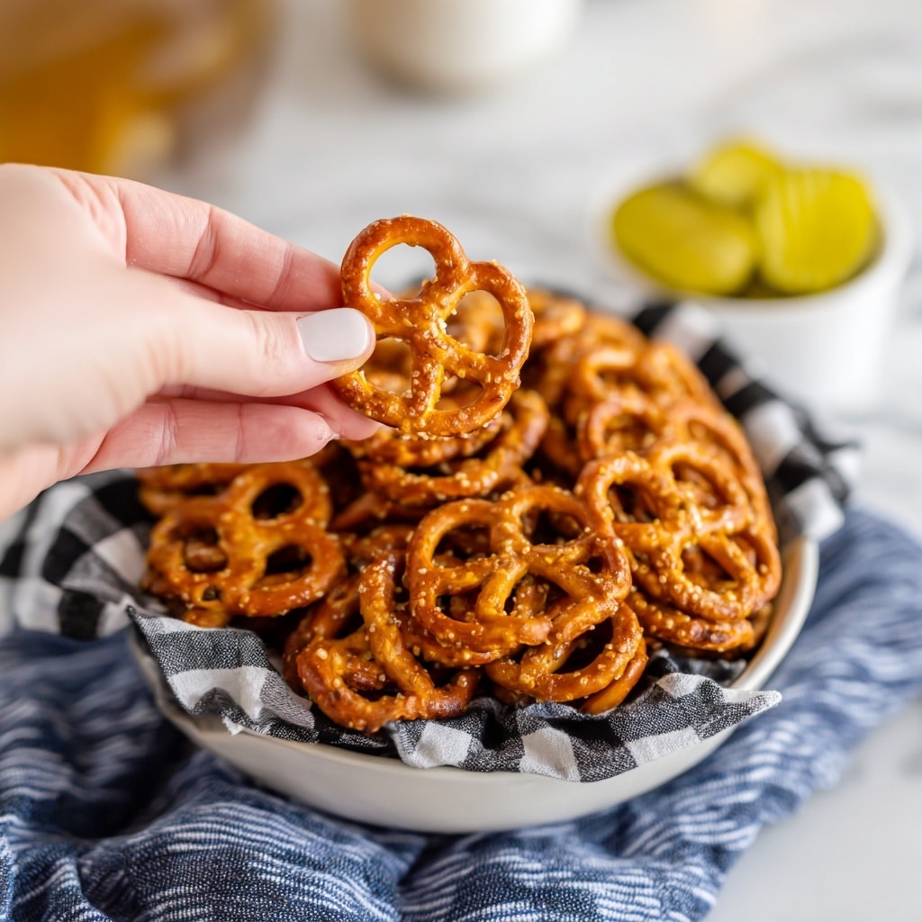 A large white speckled bowl filled with dark golden-brown pretzels that have a slightly rough texture and visible seasoning sprinkled over them. Inside the bowl, a wooden spoon with a light brown handle and a white section near the spoon’s head rests among the pretzels. The background shows a white marbled surface, highlighting the warm color of the pretzels. photo taken with an iphone --ar 4:5 --v 7