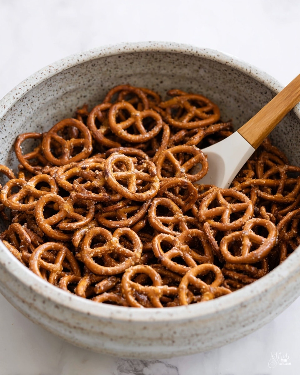 A close-up image of a woman's hand holding a single small pretzel with a golden-brown color over a large white bowl filled with many small pretzels. The pretzels look crunchy with a slightly rough texture from seasoning. The bowl is lined with a black and white checkered cloth, adding contrast to the warm tones of the pretzels. In the foreground, there is a small white bowl partially visible filled with yellow pickle slices, all set on a blue striped cloth over a white marbled surface. The background is softly blurred to keep the focus on the pretzels and the woman's hand. photo taken with an iphone --ar 4:5 --v 7
