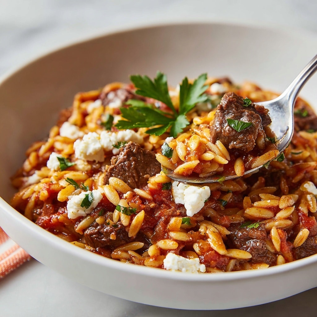 A close-up of a white deep bowl filled with a dish made of small pasta pieces cooked in a reddish tomato sauce, mixed with chunks of tender brown beef, and sprinkled with small white cheese crumbles. On top in the center is a sprig of fresh green parsley for garnish. A silver spoon holds a spoonful of the pasta and beef with some cheese, showing glossy and rich textures of the sauce, pasta, and meat. The bowl sits on a white marbled surface, and a small part of a person's orange-striped shirt is visible in the background. photo taken with an iphone --ar 4:5 --v 7