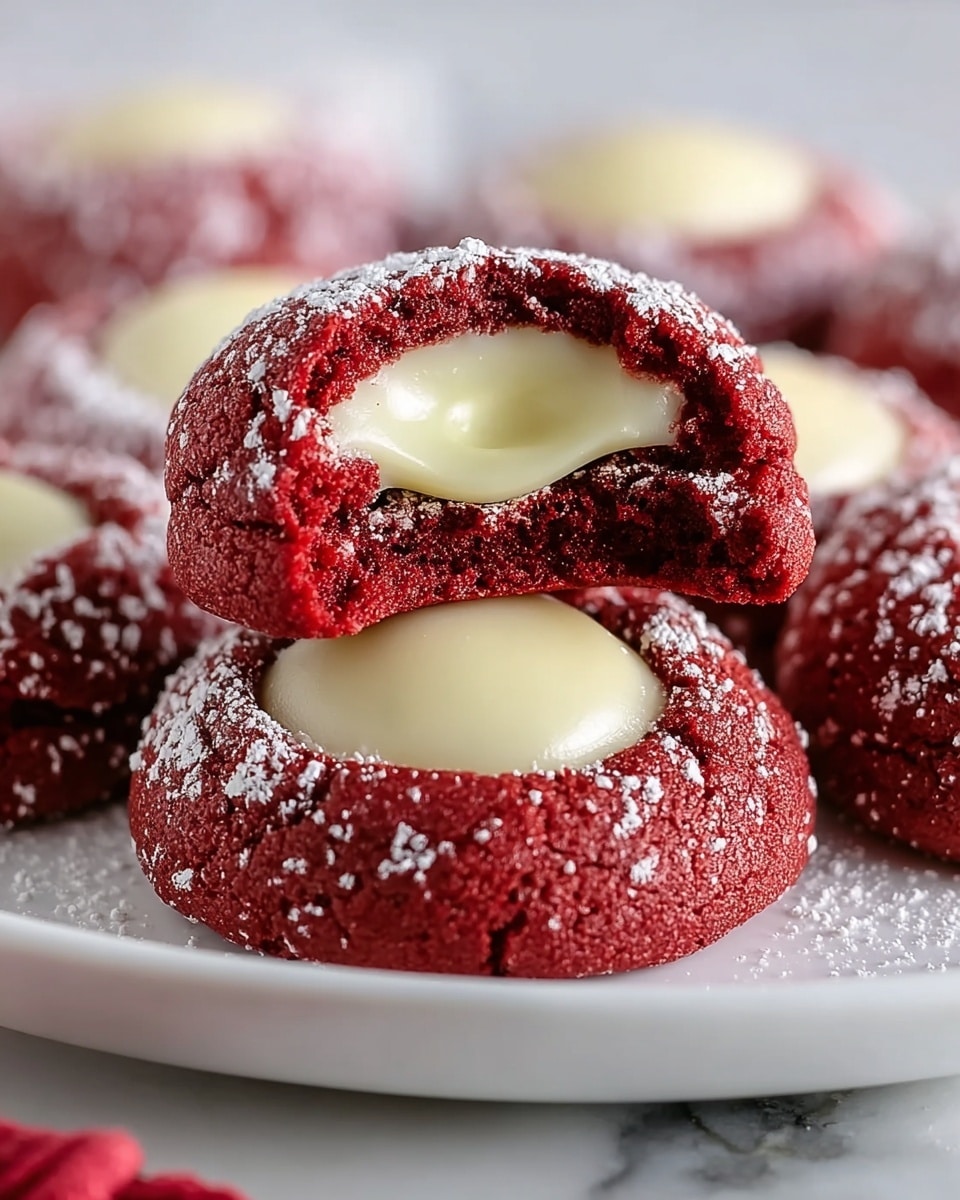 The image shows several round red velvet cookies on a white plate set on a white marbled surface. Each cookie has two main layers: the bottom layer is a soft, dense, deep red cookie with a textured surface, and the top layer is a smooth, glossy, pale cream-colored filling in the center. One cookie is stacked on top of another, with the top cookie having a bite taken out of it, revealing its moist and crumbly interior. Both cookies are dusted lightly with powdered sugar, adding a sparkling white contrast to the red velvet base. The focus is sharp on the stack, with the other cookies blurred softly in the background. Photo taken with an iphone --ar 4:5 --v 7