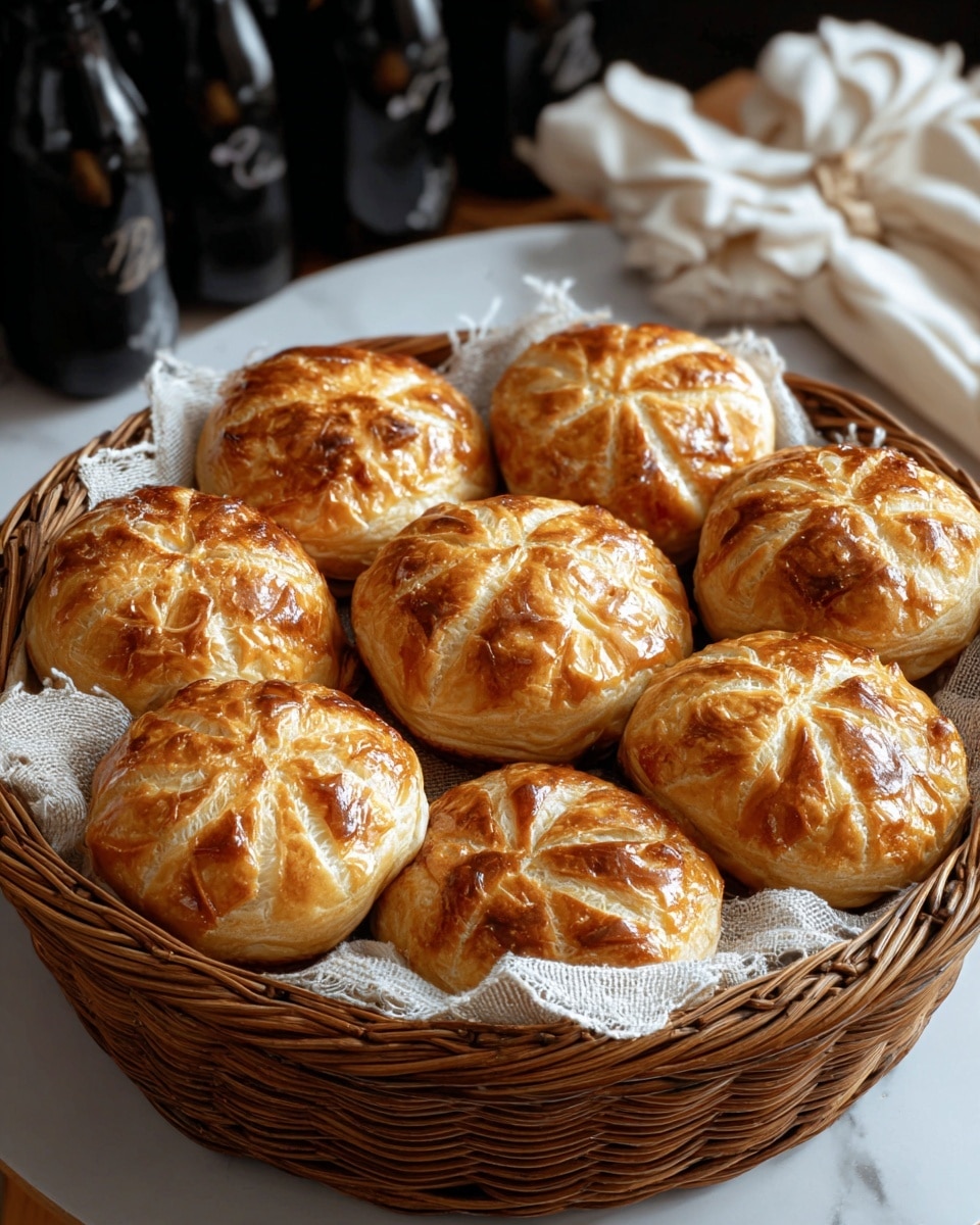 A round brown woven basket filled with eight golden brown puff pastries arranged in two rows, each pastry showing a flaky layered crust with a shiny glaze and a crisscross pattern on top, all resting on a white marbled surface. In the background, there are dark-colored bottles and soft off-white folded cloth napkins adding to a cozy setting. Photo taken with an iphone --ar 4:5 --v 7