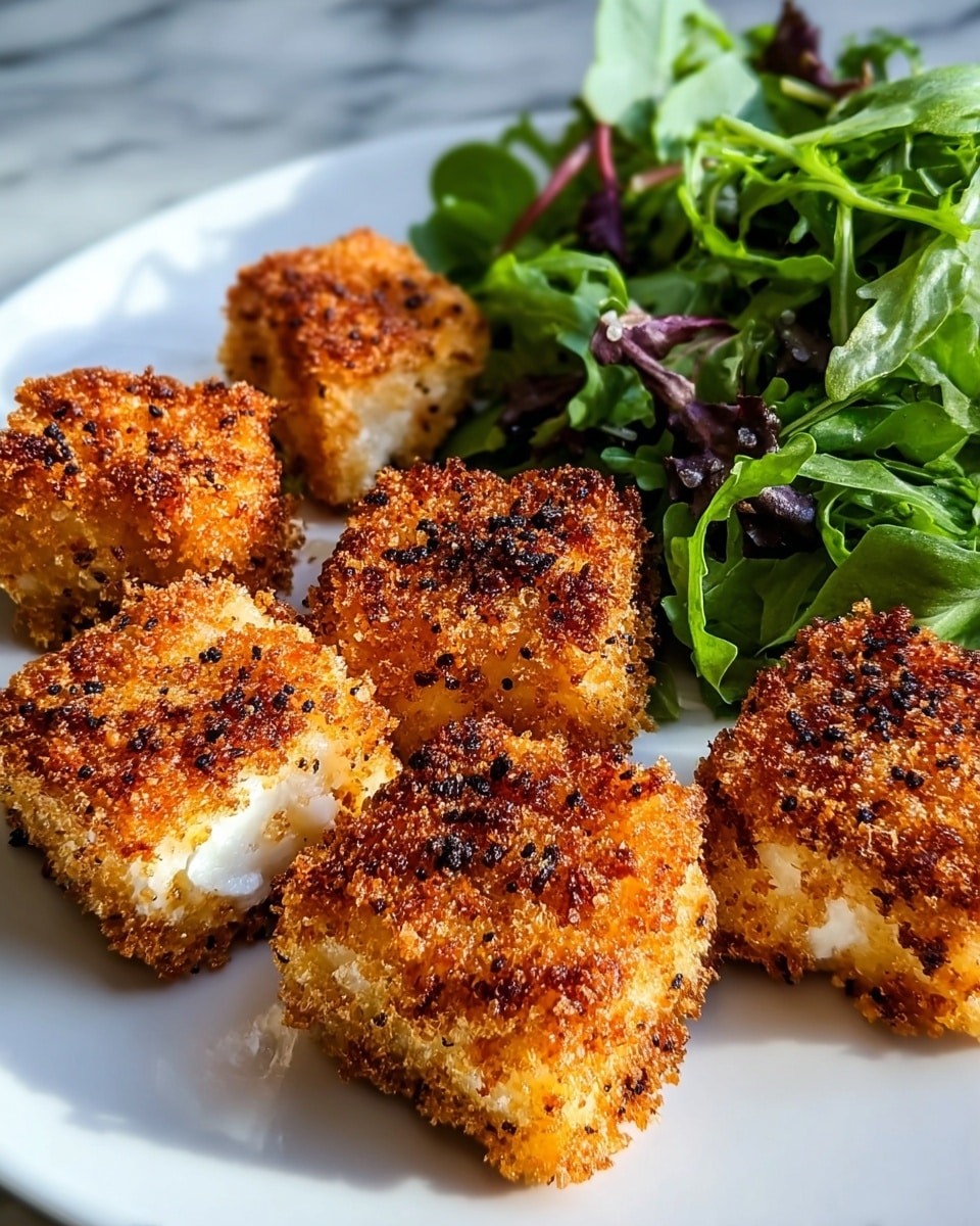 The image shows six golden-brown breaded cubes arranged closely on a white plate, each cube having a crispy, textured crust with visible black pepper specks and a soft, white interior. Behind the cubes is a fresh mixed green salad with arugula and other leafy greens that have a bright and lively appearance, adding a vibrant contrast to the warm tones of the breaded cubes. The plate sits on a white marbled surface, giving a clean and simple background to the scene. photo taken with an iphone --ar 4:5 --v 7