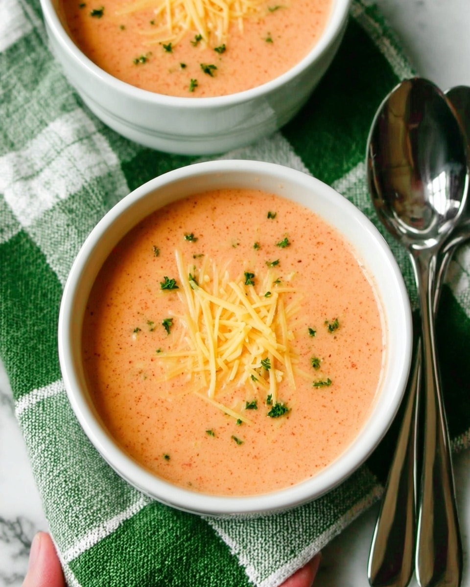 Two white bowls are filled with a creamy, light orange soup with a smooth texture. The soup has a sprinkle of shredded yellow and white cheese on top, along with small green herb pieces scattered evenly. The bowls sit on a green and white checkered cloth with a white marbled surface underneath. A woman's hand is slightly visible near the bottom right holding one of the bowls, next to two shiny metal spoons. photo taken with an iphone --ar 4:5 --v 7
