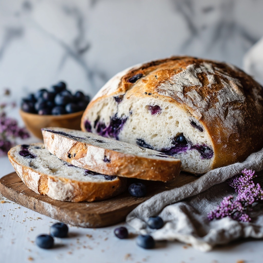 A round, rustic loaf of bread with a golden-brown, slightly cracked crust sits directly on a wooden surface. The bread has a soft, fluffy texture and is studded with scattered dark blueberries throughout the dough, showing bursts of deep blue color. The top of the loaf reveals swirled folds, giving it a layered, twisted look with areas of light flour dusting. Around the bread are some loose blueberries scattered on the surface near a grey knitted cloth. To the right, a glass jar holds a bunch of light purple lilac flowers and green leaves, adding a fresh, colorful touch. The scene is bright and natural with soft shadows. photo taken with an iphone --ar 4:5 --v 7