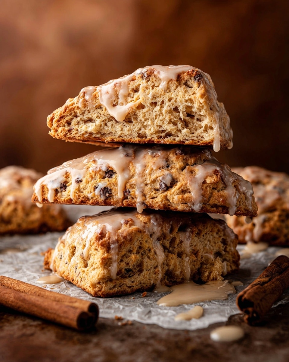 A stack of three golden-brown scones is shown with a shiny light beige glaze dripping down their rough, crumbly textured sides. The bottom layer rests on crumpled white parchment paper over a brown surface with two cinnamon sticks placed nearby. The middle scone is positioned horizontal with visible chocolate chips, while the top scone is cut in half and placed vertically, revealing a soft, porous inner layer of light tan color. The background is blurred with a warm brown tone, focusing fully on the scones in the front. photo taken with an iphone --ar 4:5 --v 7