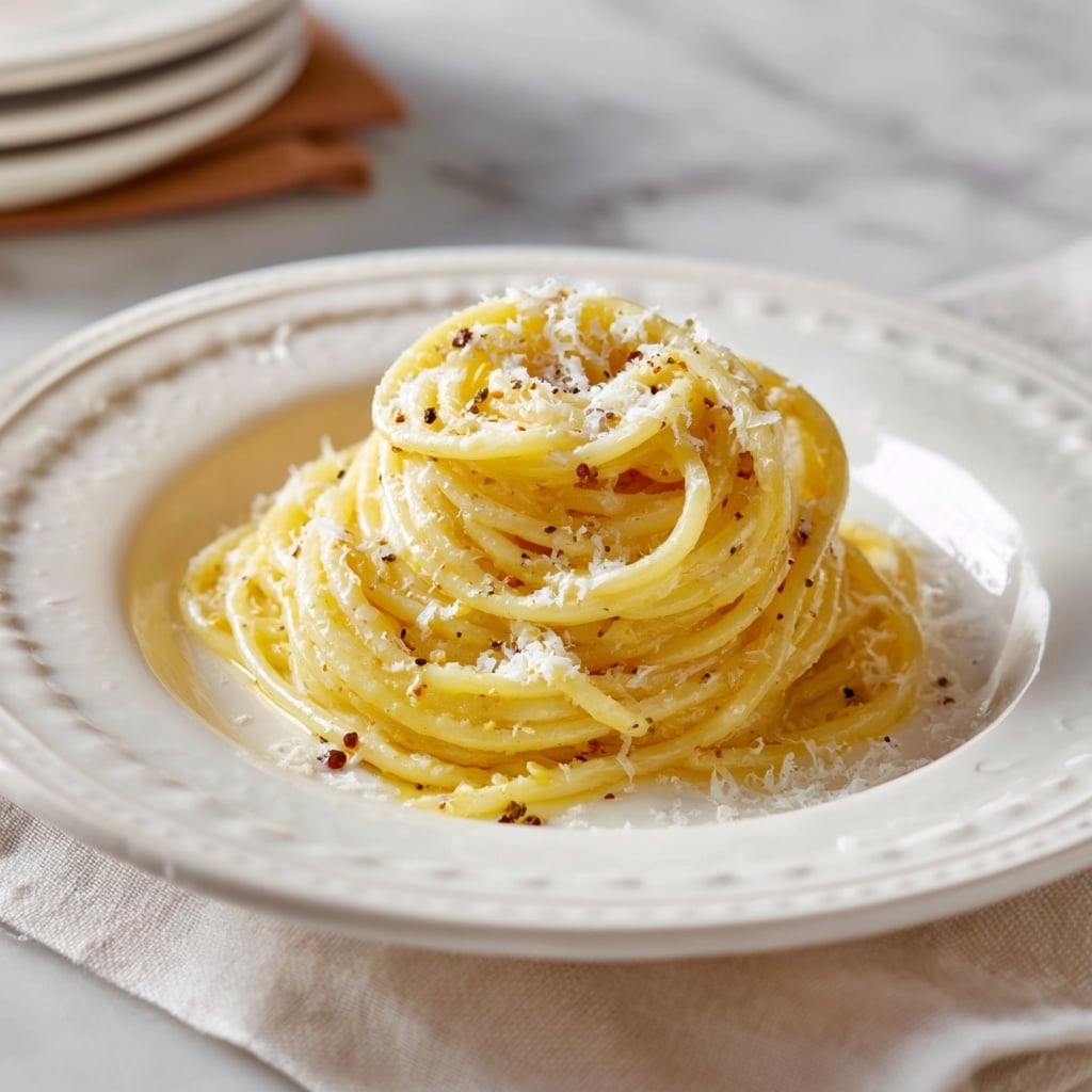 The dish shows a single twisted mound of spaghetti placed in the middle of a white plate with a slightly raised and patterned edge. The pasta is coated in a light yellow sauce, topped evenly with grated white cheese and some scattered black pepper flakes. The plate rests on a surface with a white marbled texture, partially covered by a light beige cloth napkin near the bottom edge. In the background, there is a blurred white plate stacked with brown paper. The overall look is warm and simple, with the focus on the neat pasta coil. photo taken with an iphone --ar 4:5 --v 7