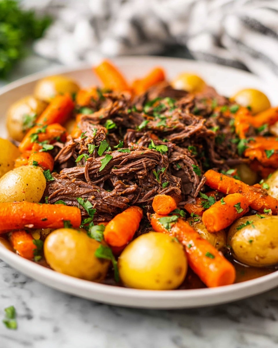 A white oval plate holds a hearty dish with three main layers: the bottom layer is whole small yellow potatoes with a smooth, slightly shiny skin, scattered evenly around the plate; the middle layer has bright orange baby carrots with a soft texture, spread generously among the potatoes; the top layer features large chunks and shredded pieces of brown, tender beef with a rich texture, interspersed with translucent cooked onions and garnished with small green parsley leaves. The ingredients sit in a brown, slightly glossy sauce that moistens the dish. The plate is set on a white marbled surface with a striped cloth napkin partially visible on one side. Photo taken with an iphone --ar 4:5 --v 7