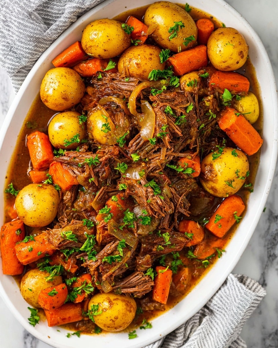 A white plate holds a dish with three main layers: at the bottom, small yellow potatoes with smooth, shiny skin spread around the plate; above them, bright orange baby carrots with a glossy texture scattered evenly; on the top layer, shredded brown beef with visible fibers and some green parsley leaves sprinkled over, adding a fresh touch. The plate sits on a white marbled surface with blurred white and black striped cloth in the background. Photo taken with an iphone --ar 4:5 --v 7