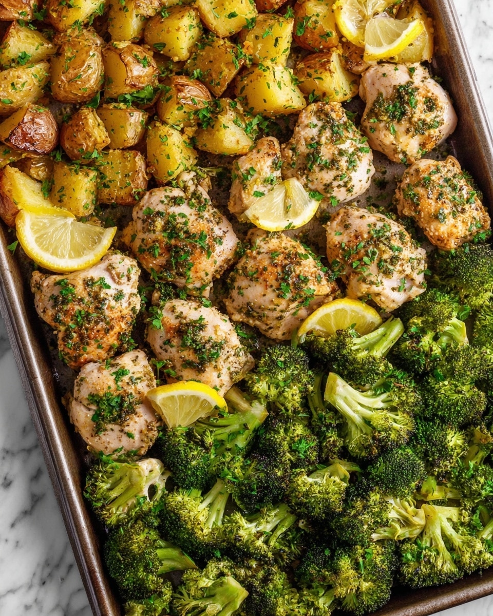 The dish features two pieces of grilled chicken breast seasoned with a mix of herbs and sprinkled with fresh green parsley, positioned slightly off-center on a large white plate. Behind the chicken, there are golden-brown roasted potato chunks with a crispy texture, and partially visible broccoli florets with a roasted, slightly charred surface sit to the left of the chicken. A round yellow lemon slice is placed at the back for garnish. On the right side of the plate, a gold fork with a black and gold handle lies next to the chicken. The plate rests on a white marbled surface. photo taken with an iphone --ar 4:5 --v 7