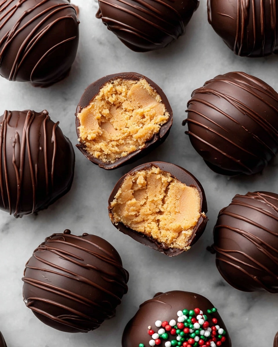 A close-up view of a chocolate-covered peanut butter ball cut in half, showing two layers: the outer smooth, shiny dark chocolate shell with a slightly uneven surface and the inner crumbly, light tan peanut butter filling with a grainy texture. The peanut butter filling is thick and dense, filling most of the inside. The truffle rests on a white marbled surface, with another whole truffle partially visible on the left side and a blurred background. photo taken with an iphone --ar 4:5 --v 7