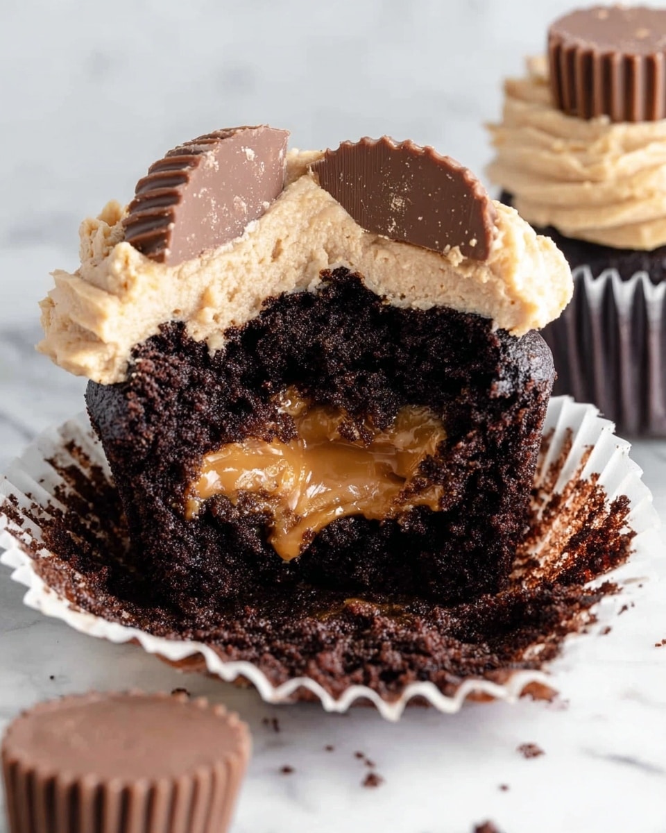 The image shows a dark chocolate cupcake with three layers: the bottom layer is the cupcake itself, which is dark brown and textured with a paper liner; the middle layer is a swirl of light brown creamy frosting with fine ridges piped thickly on top; the top layer is a curved milk chocolate piece placed vertically into the frosting. Behind the cupcake, there are blurred elements including similar cupcakes and a white bottle, all set on a white marbled surface. Photo taken with an iphone --ar 4:5 --v 7