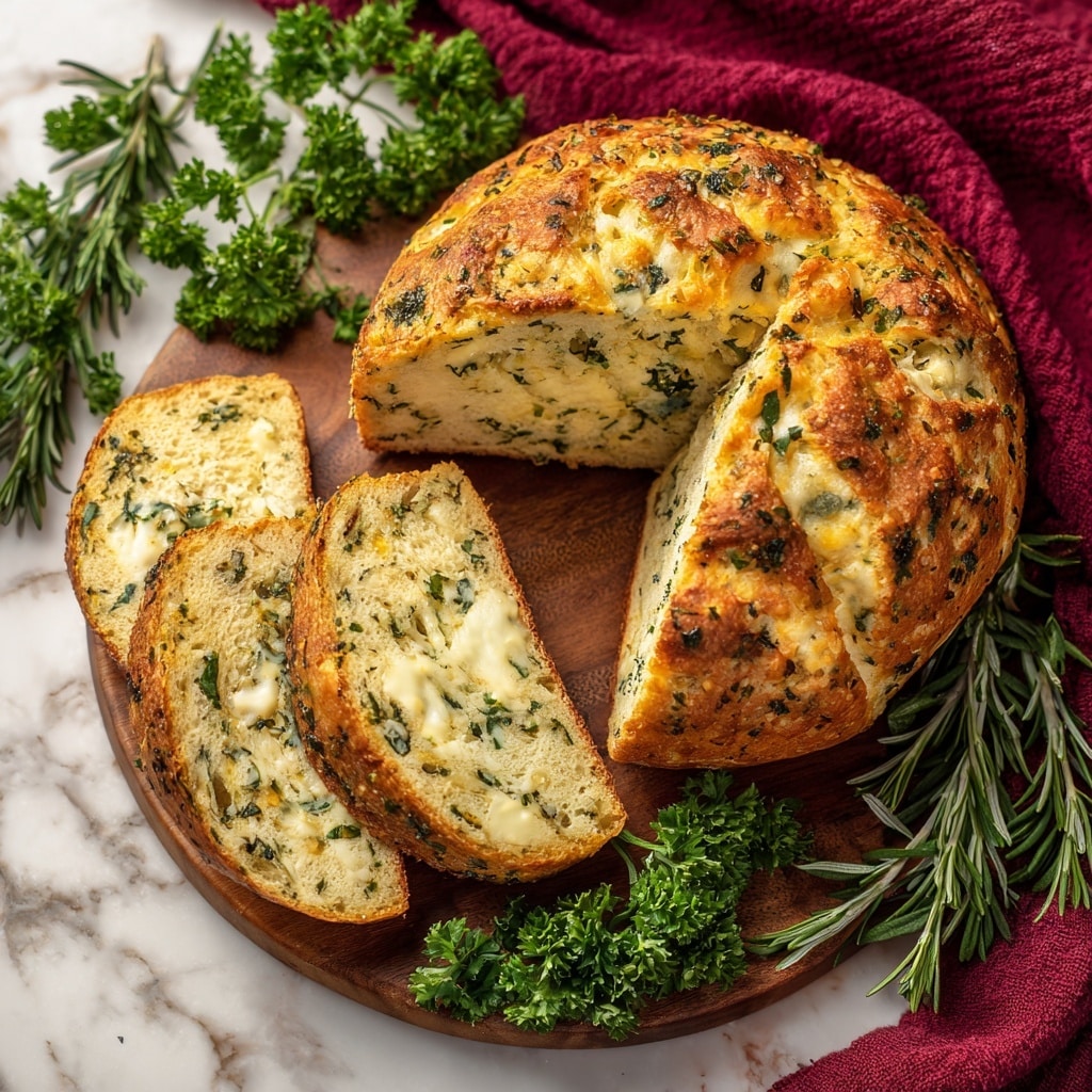 A round loaf of herb bread with one slice cut, showing a soft textured inside dotted with green herb pieces; the crust is golden brown and topped with melted cheese that is bubbly and slightly crispy. The bread rests on a black cooling rack with fresh rosemary sprigs nearby on a white marbled surface. Photo taken with an iphone --ar 4:5 --v 7